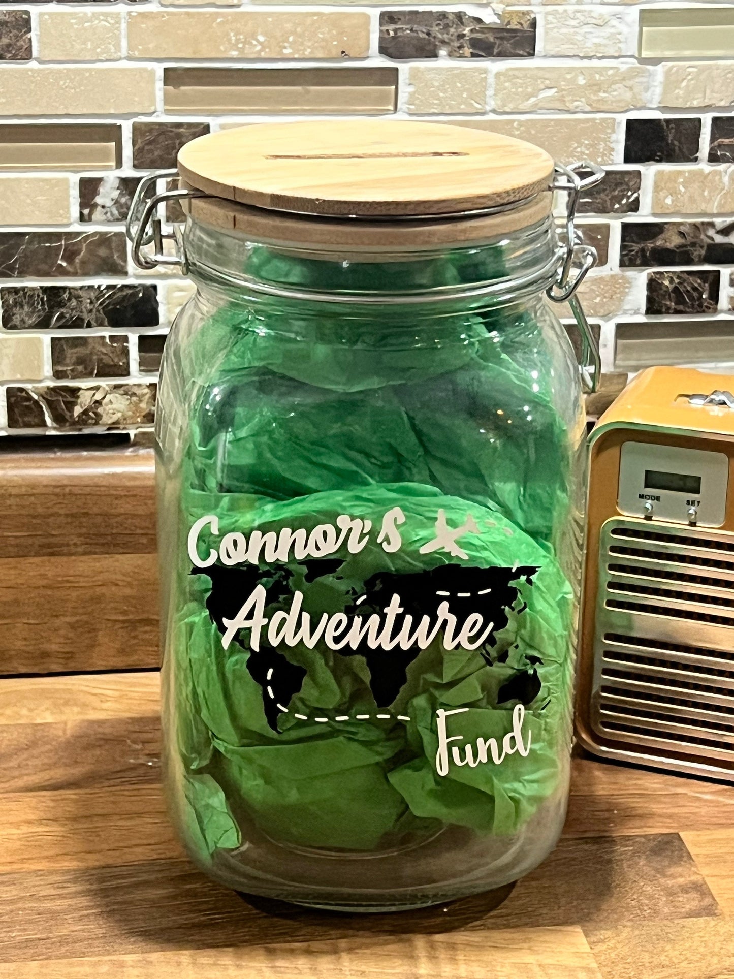 Adventure fund jar. Spring opening money jar slot. Piggy bank. Personalised
