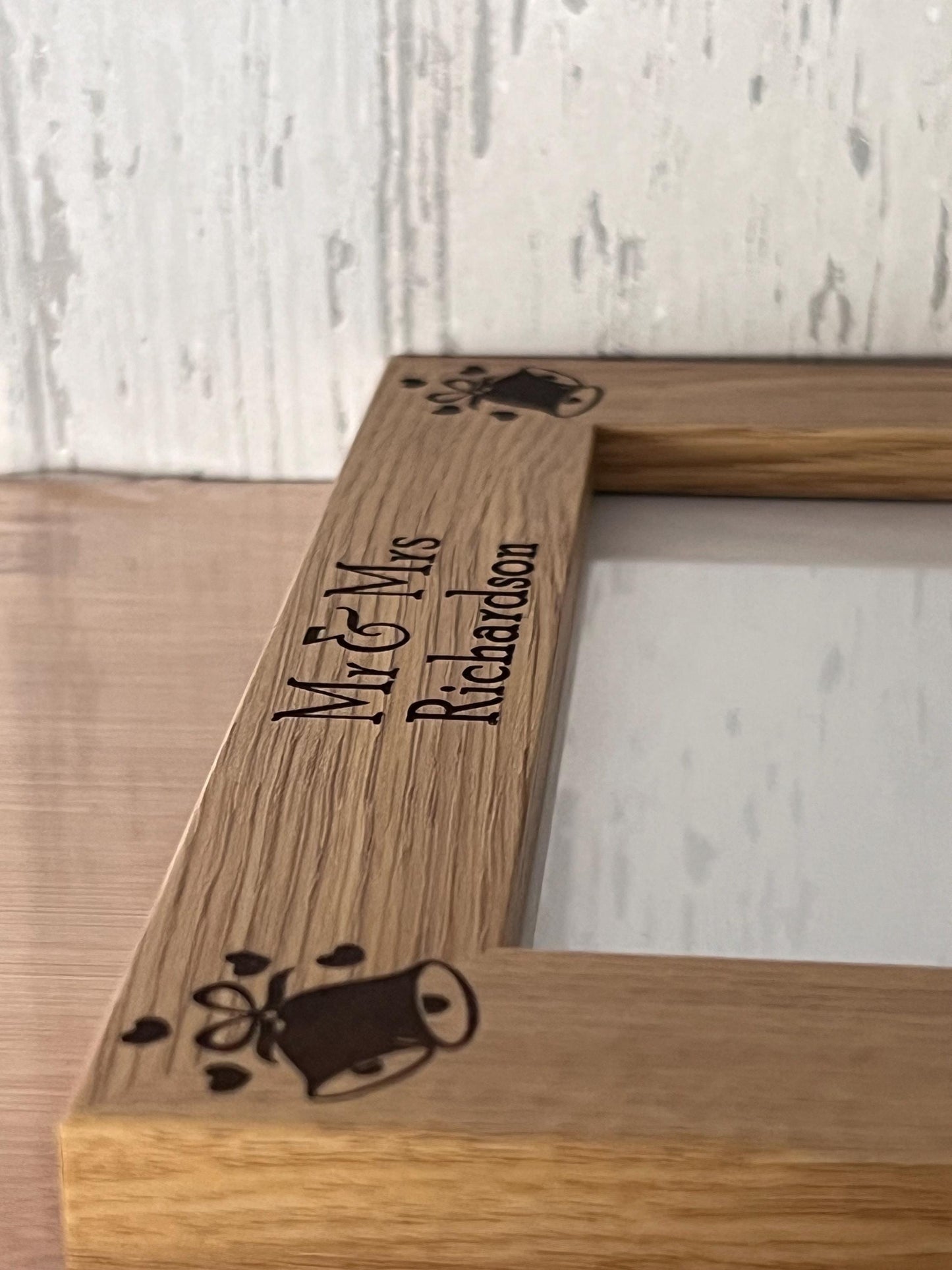 Wedding photo frame ,Anniversary gift, personalised engraved photo frame. oak effect frame custom engraved.