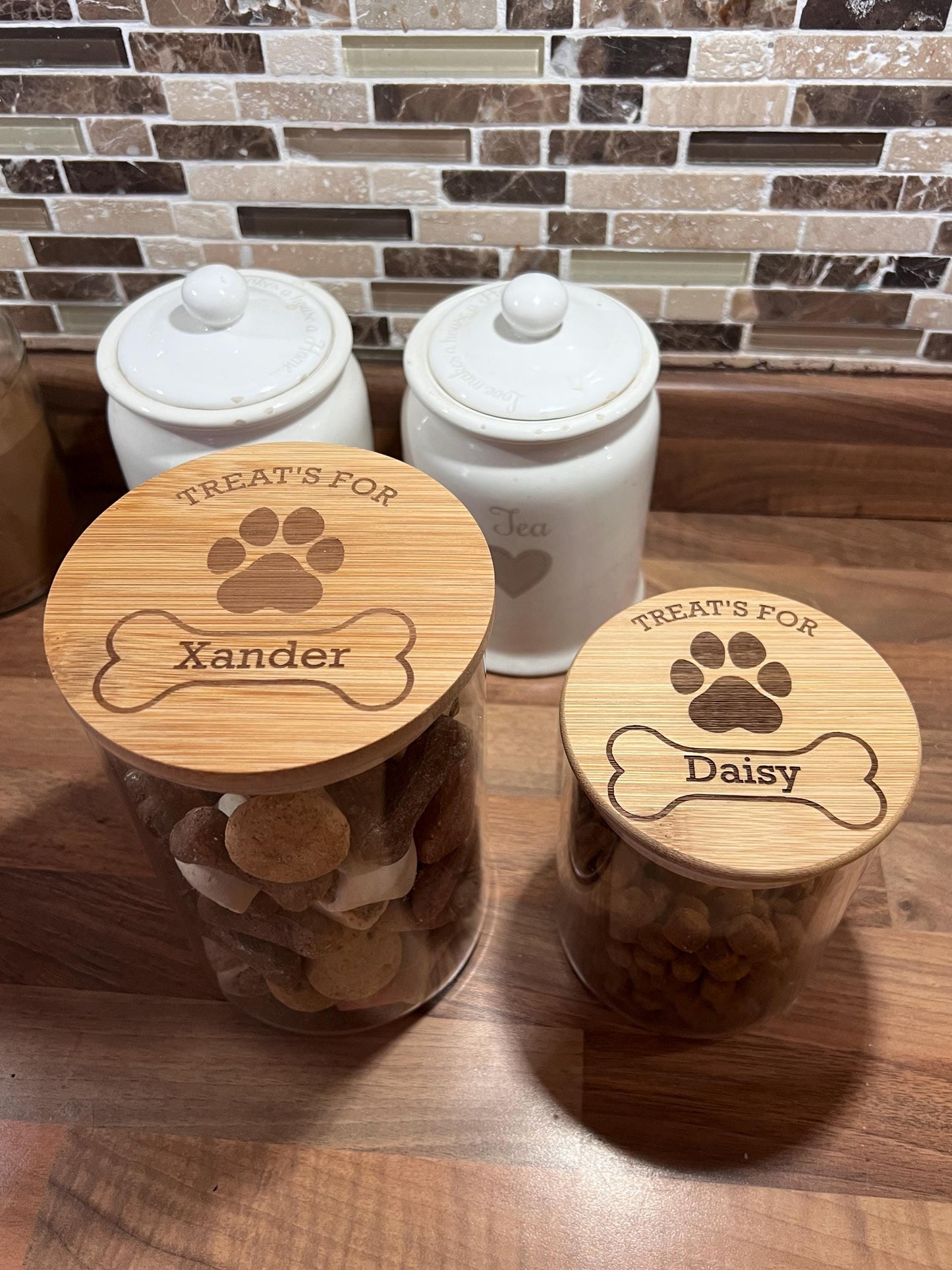 Dog treats jar personalised with name. engraved. pet treats storage jar, can be custom made to any words 2 sizes . Airtight bamboo lid.