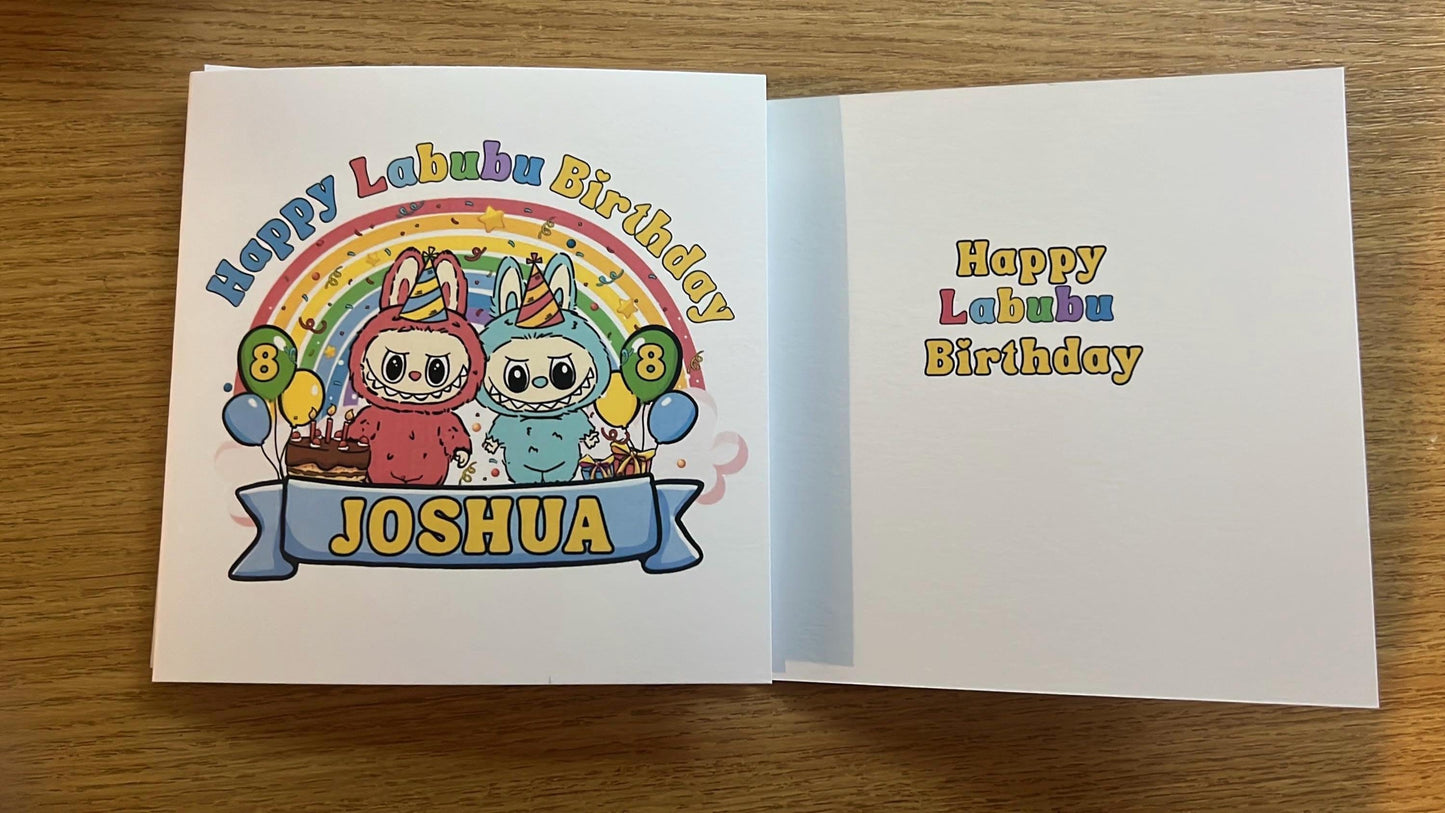 Labubu Birthday card personalised. 6x6 quality card . Perfect card for Labubu fan. can be custom made any words Pink or blue option