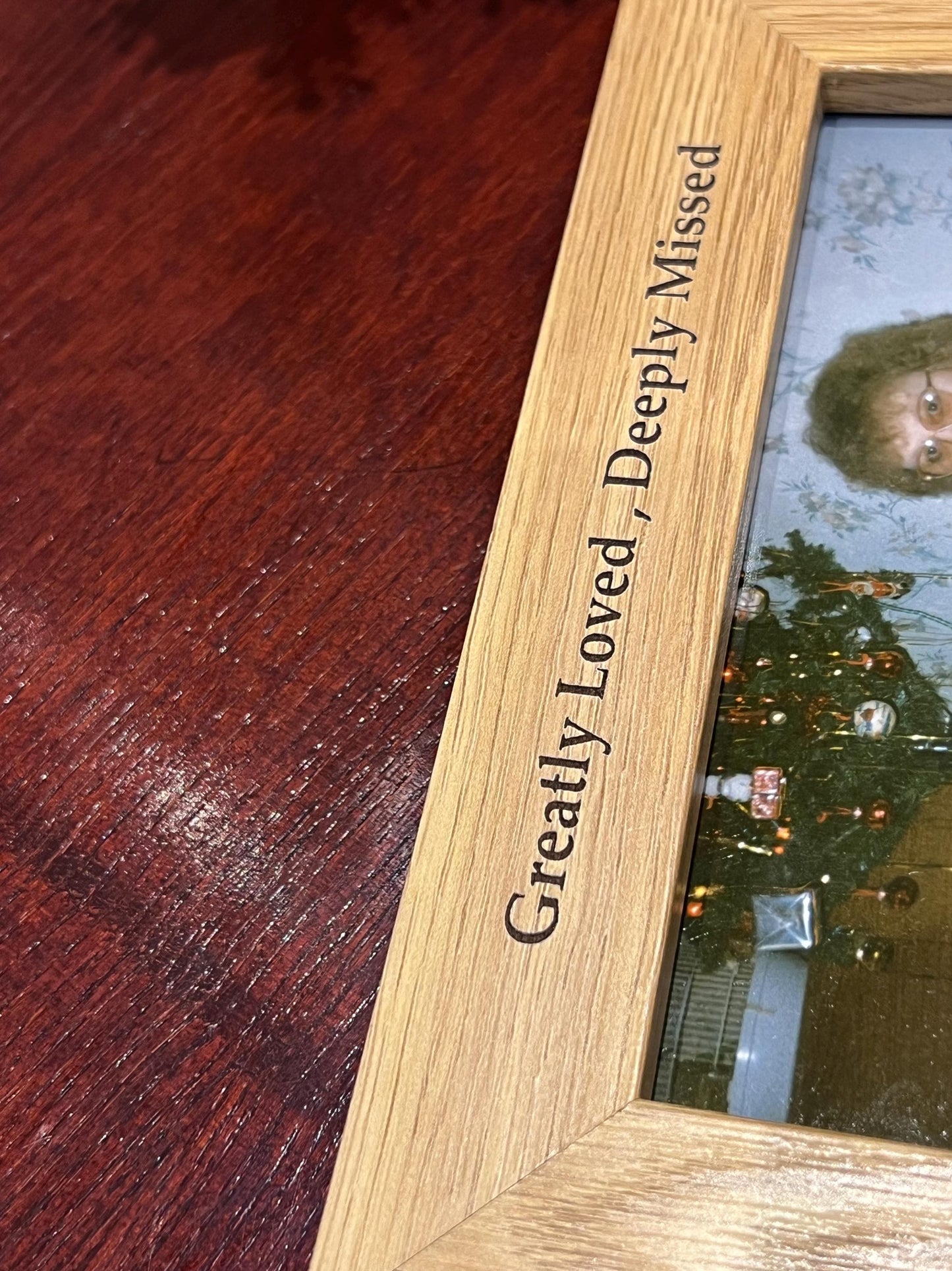 Personalised memorial photo frame. Engraved Mum , Dad, ANY Name or Words …holds 6x4 photo of your loved one. Oak effect.