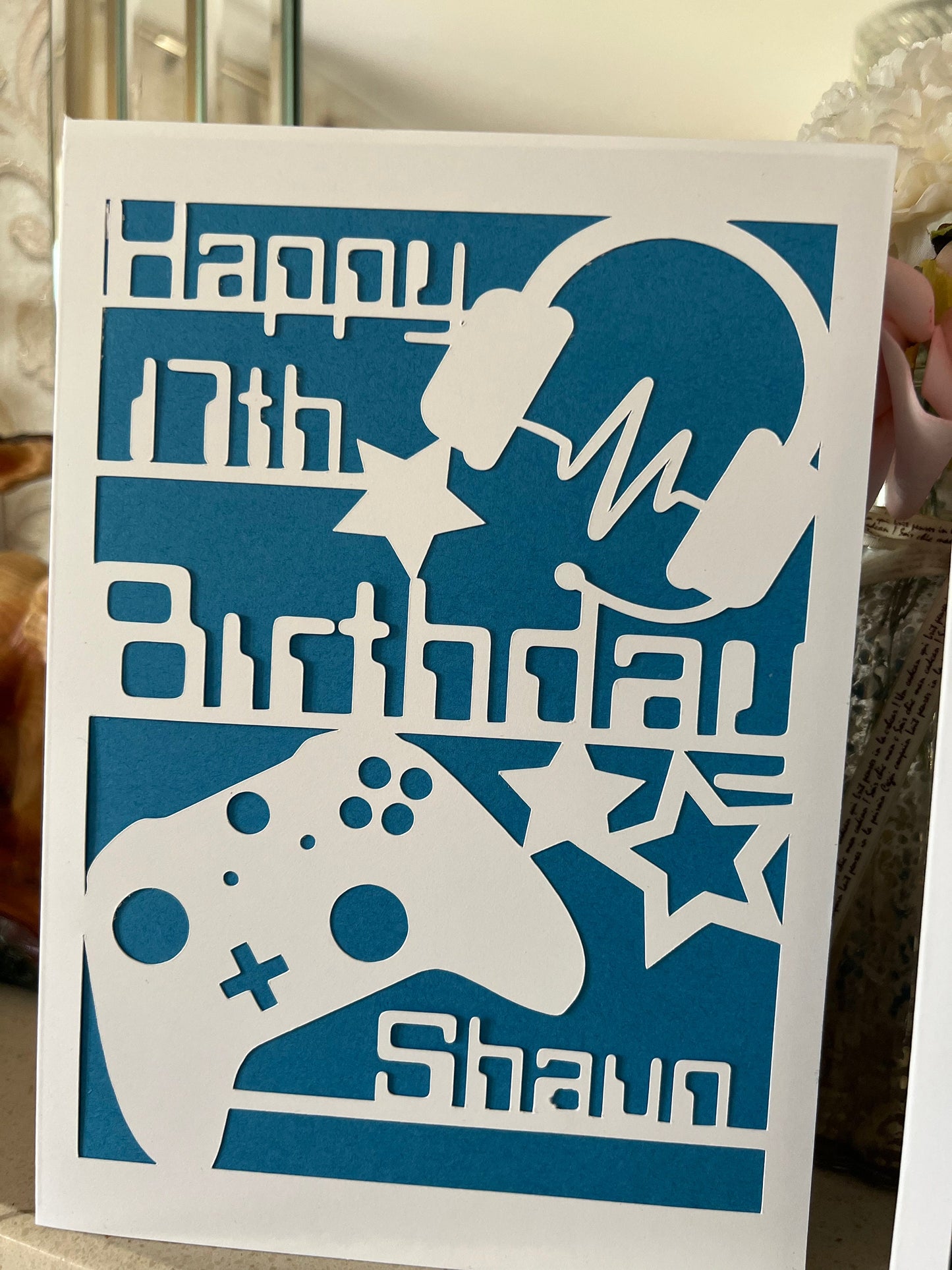 Personalised gaming birthday card. A5 name and age. Headset and controller choice of colour backing.