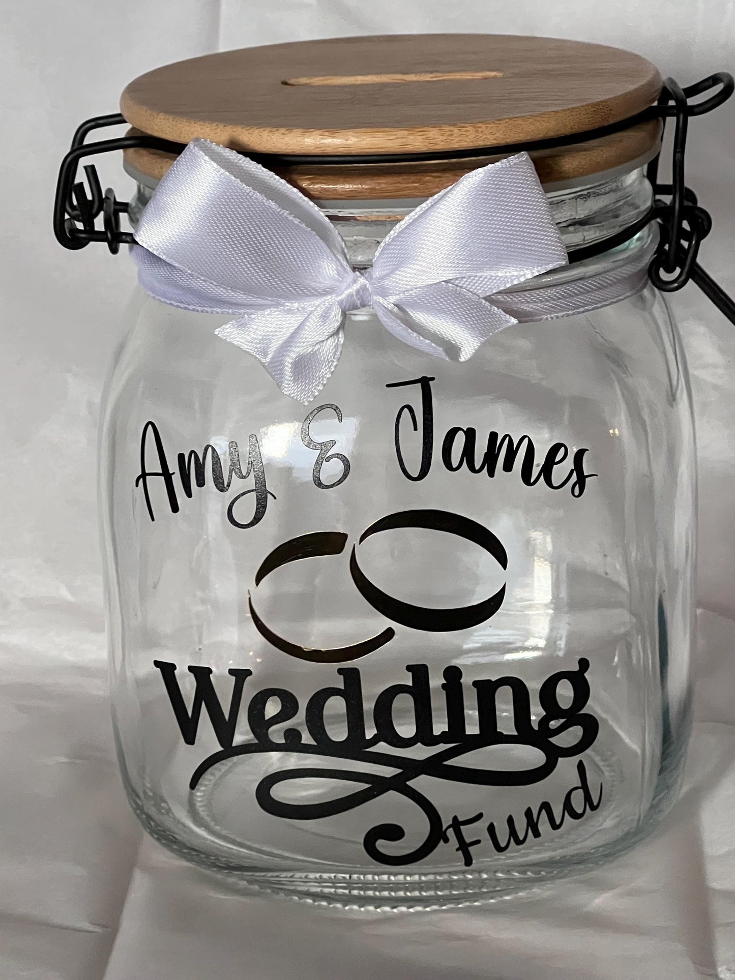 Personalised Wedding fund glass jar Money Box . Savings jar . Piggy bank with money slot.wedding rings
