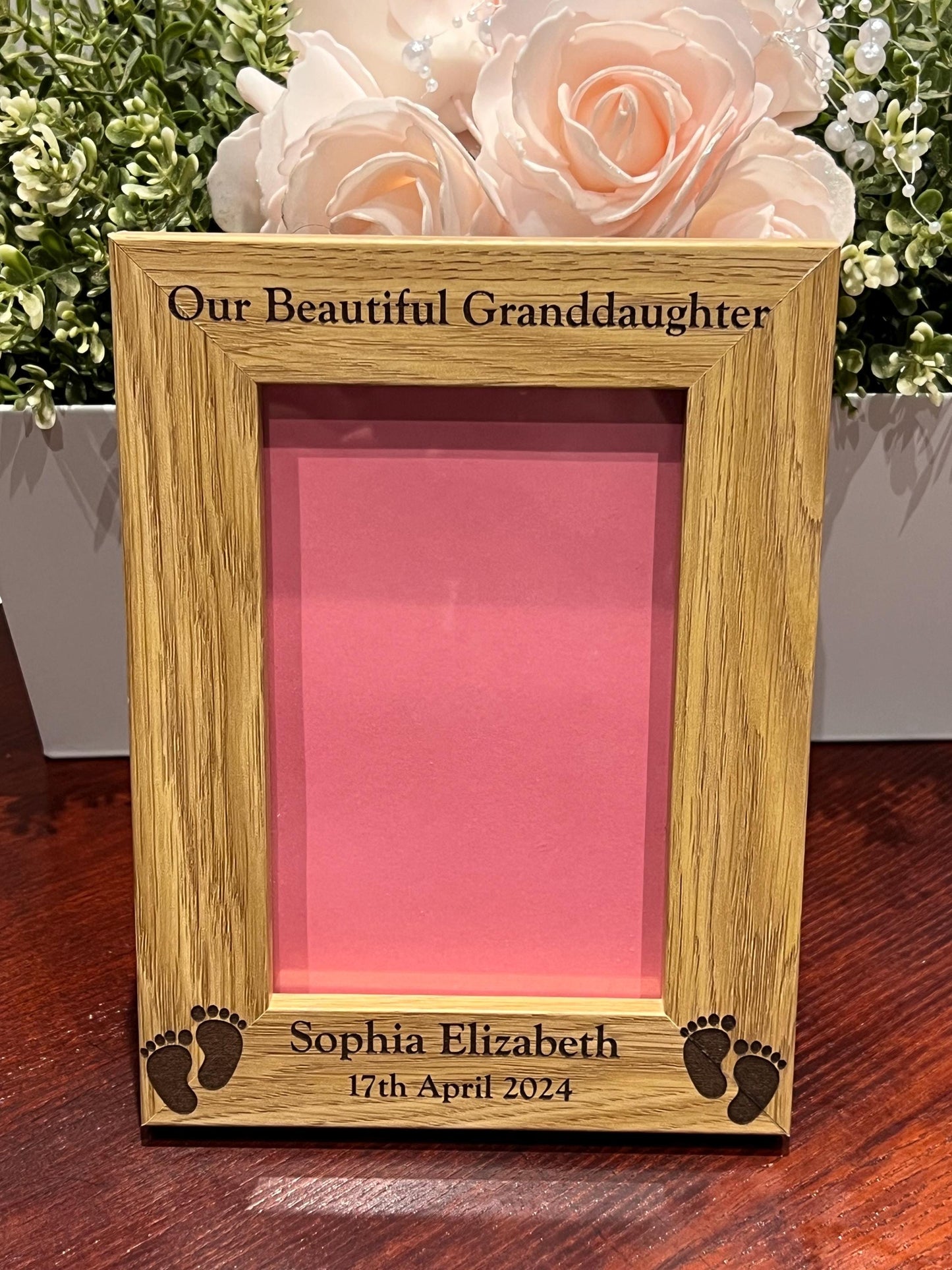 Baby photo frame, grandparents gift. lovely oak effect engraved photo frame custom words. Baby announcement. Child-baby-family.