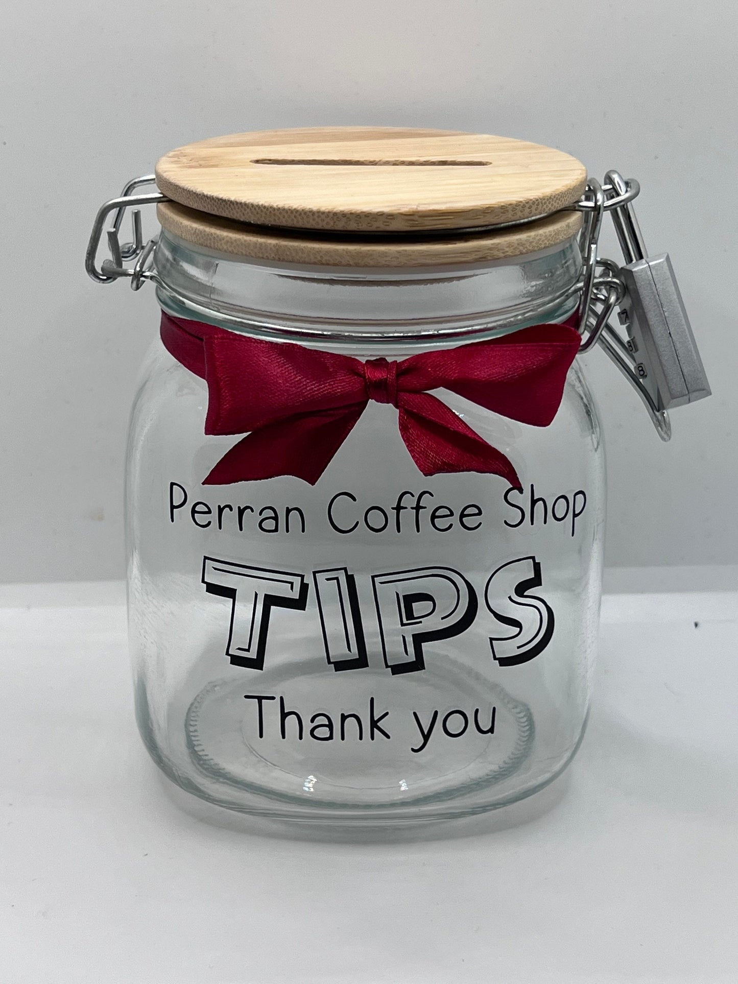 Personalised Tips glass jar Money Box . Savings jar . Business tips jar , hairdressers, cafes, etc. Money jar, coins and notes. 2 sizes…