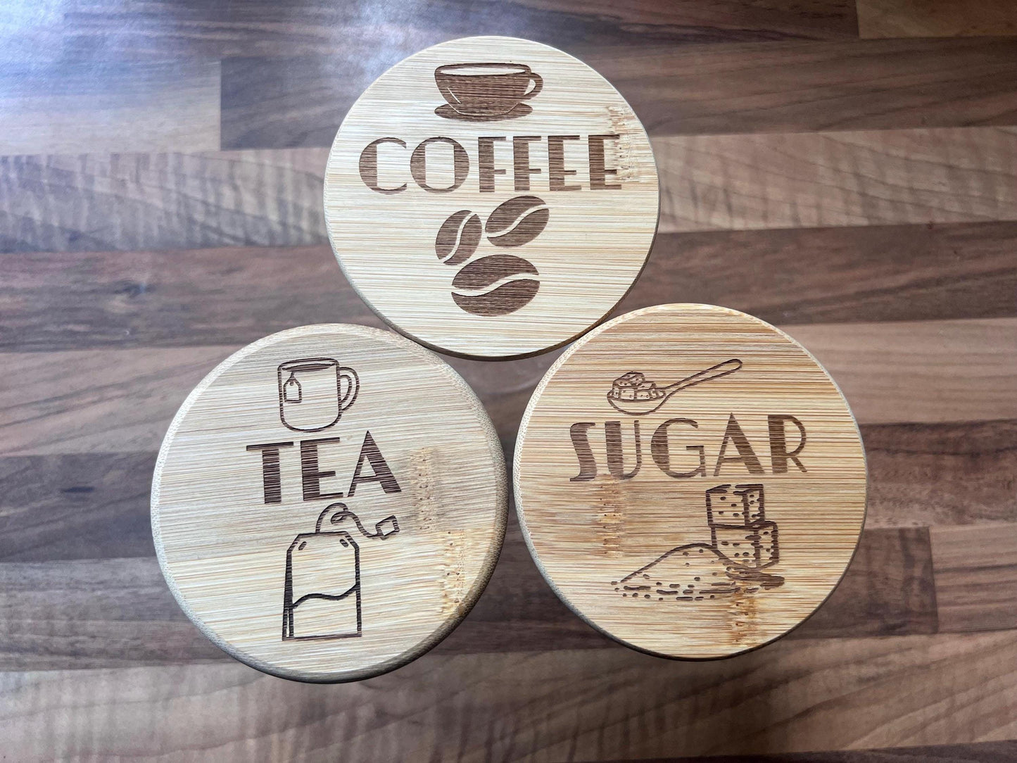 Engraved Tea Coffee and Sugar canister set or individual. Glass storage with engraved airtight bamboo lid. visual aid