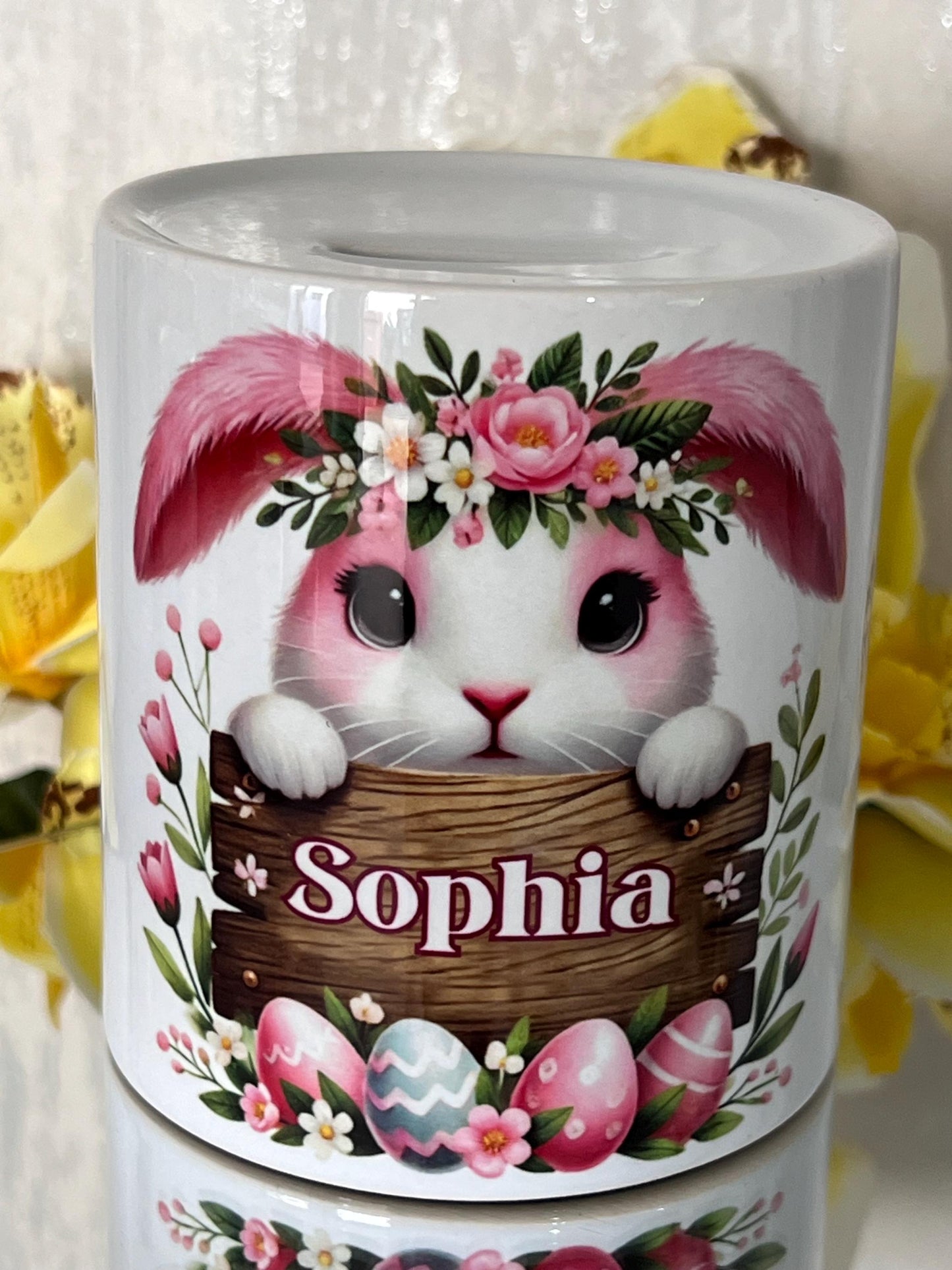 Easter bunny money box with name. cute gift for children at Easter to save pocket money. Easter money. personalised money box. Easter eggs