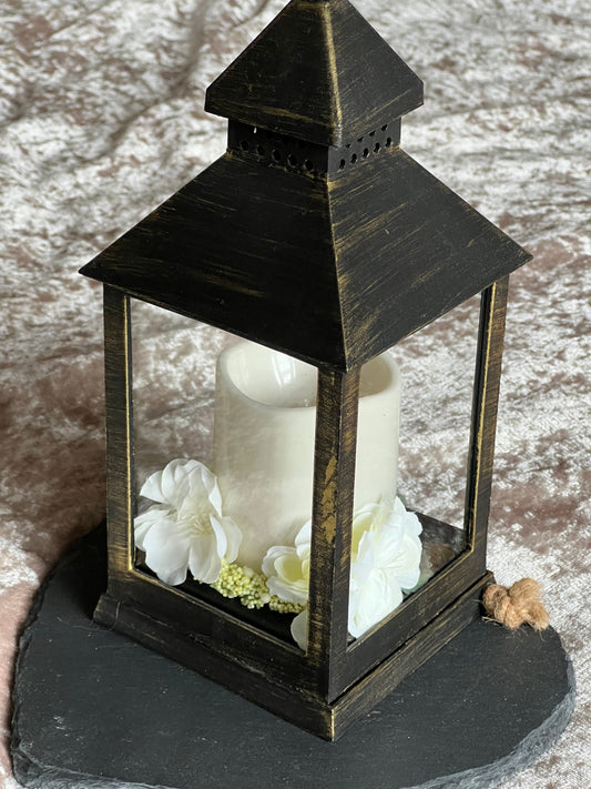 Floral Lantern Black with brushed gold for garden or home.