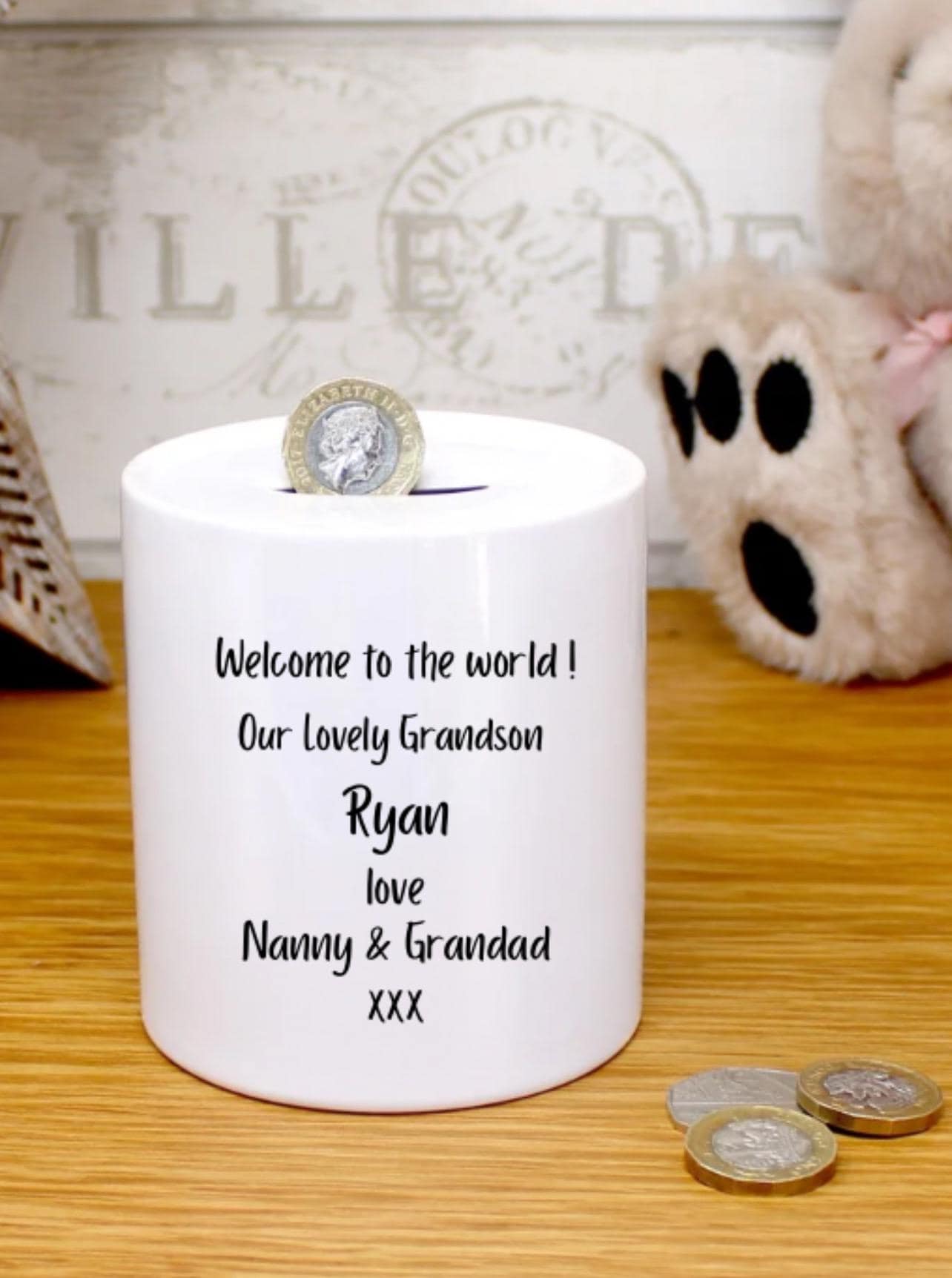 Personalised christening gift | Peter rabbit | children’s money box |baby’s 1st Birthday gift | Naming gift | New born gift. Cute Any words.
