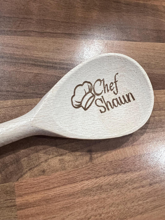 Personalised engraved wooden spoon. Great gift for that special chef or baker. Laser Engraved both sides with message.