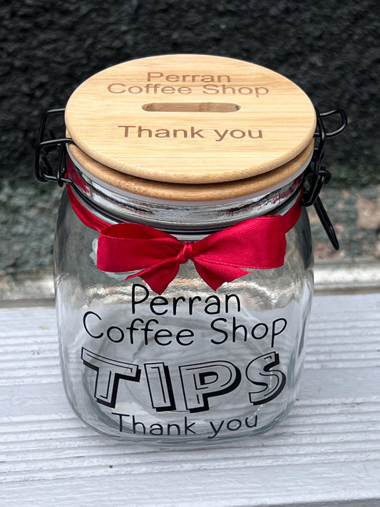 Personalised Tips glass jar with NEW Engraved Wooden Lid. Money Box Savings jar . Business tips jar , hairdressers, cafes, etc. Money jar,