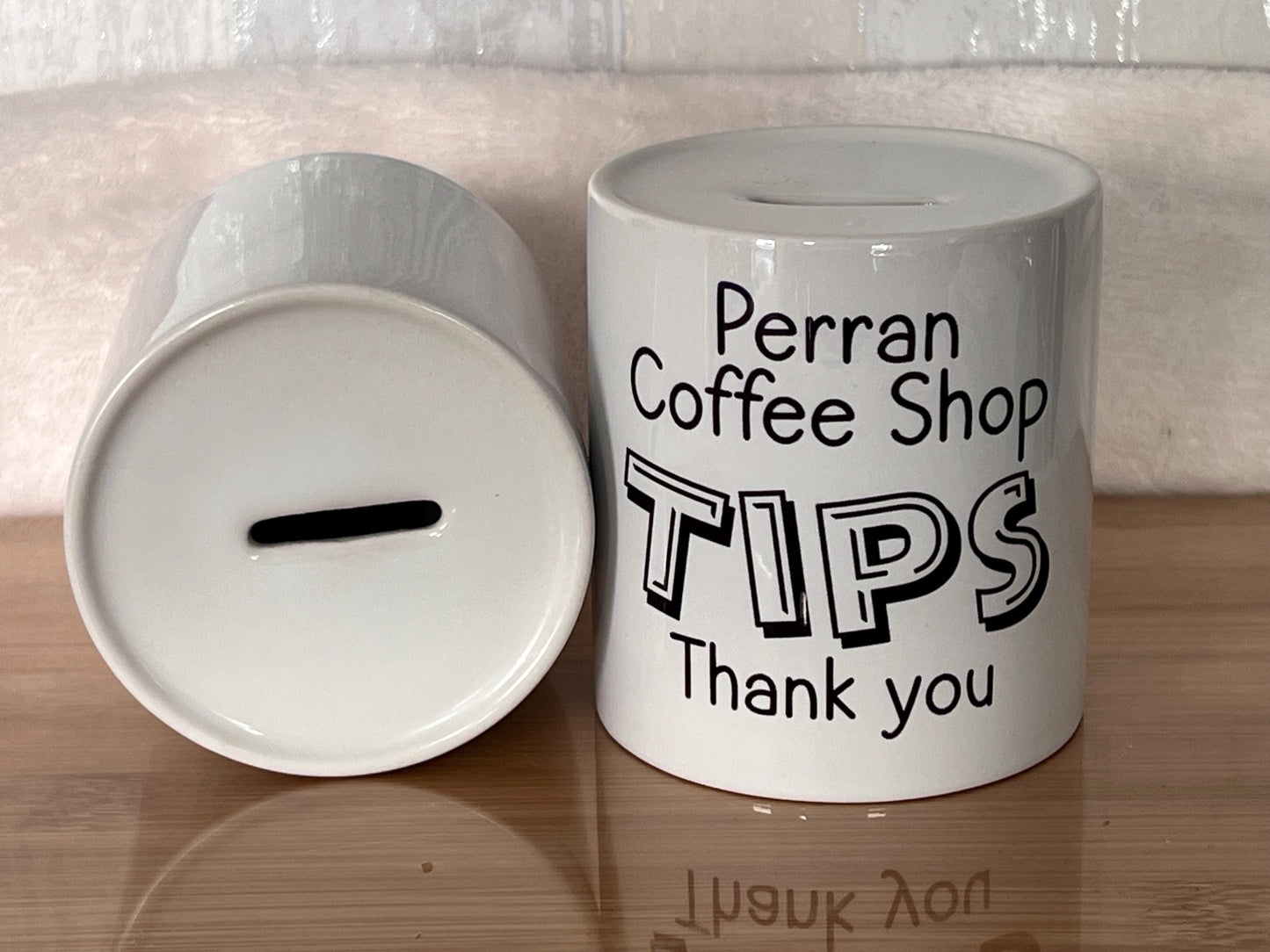 Personalised Tips ceramic jar Money Box . Savings jar . Business tips jar , hairdressers, cafes, etc. Money jar, coins and notes. .