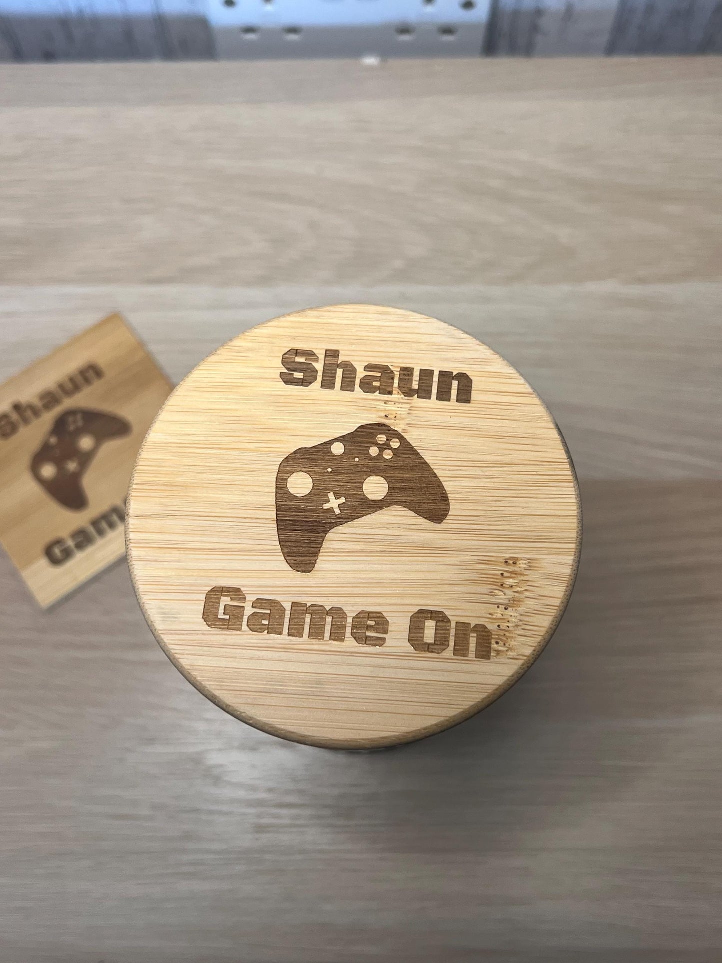 Personalised gaming jar /streaming treat jar. Engraved lid and choice of engraved coaster slate or wooden . Great gift for the gamer-console