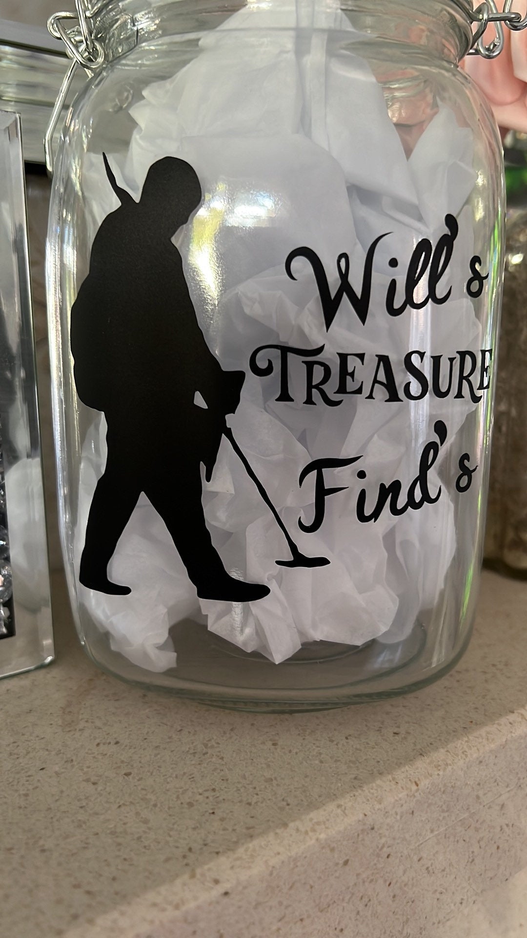 Personalised Metal detector Treasure finds jar. Detector gift, Storage Jar. Great way to store those finds. Male or female detector image.
