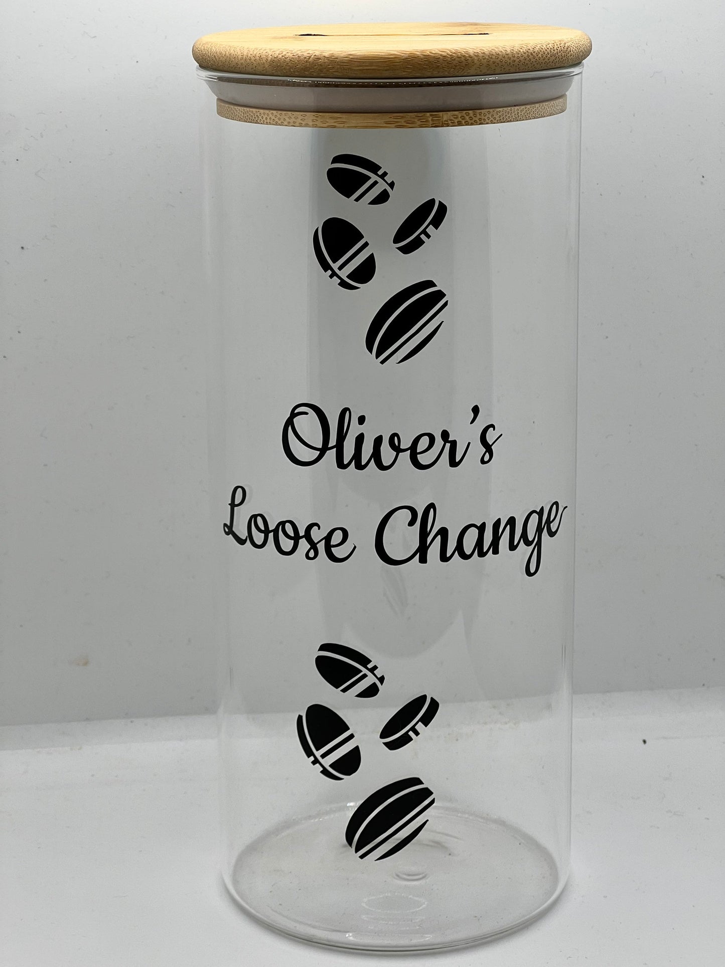 Personalised loose change money jar . Money box. Piggy bank. Coins jar.