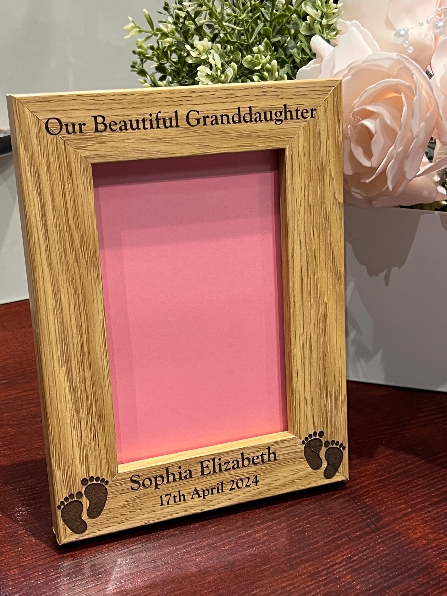 Baby photo frame, grandparents gift. lovely oak effect engraved photo frame custom words. Baby announcement. Child-baby-family.