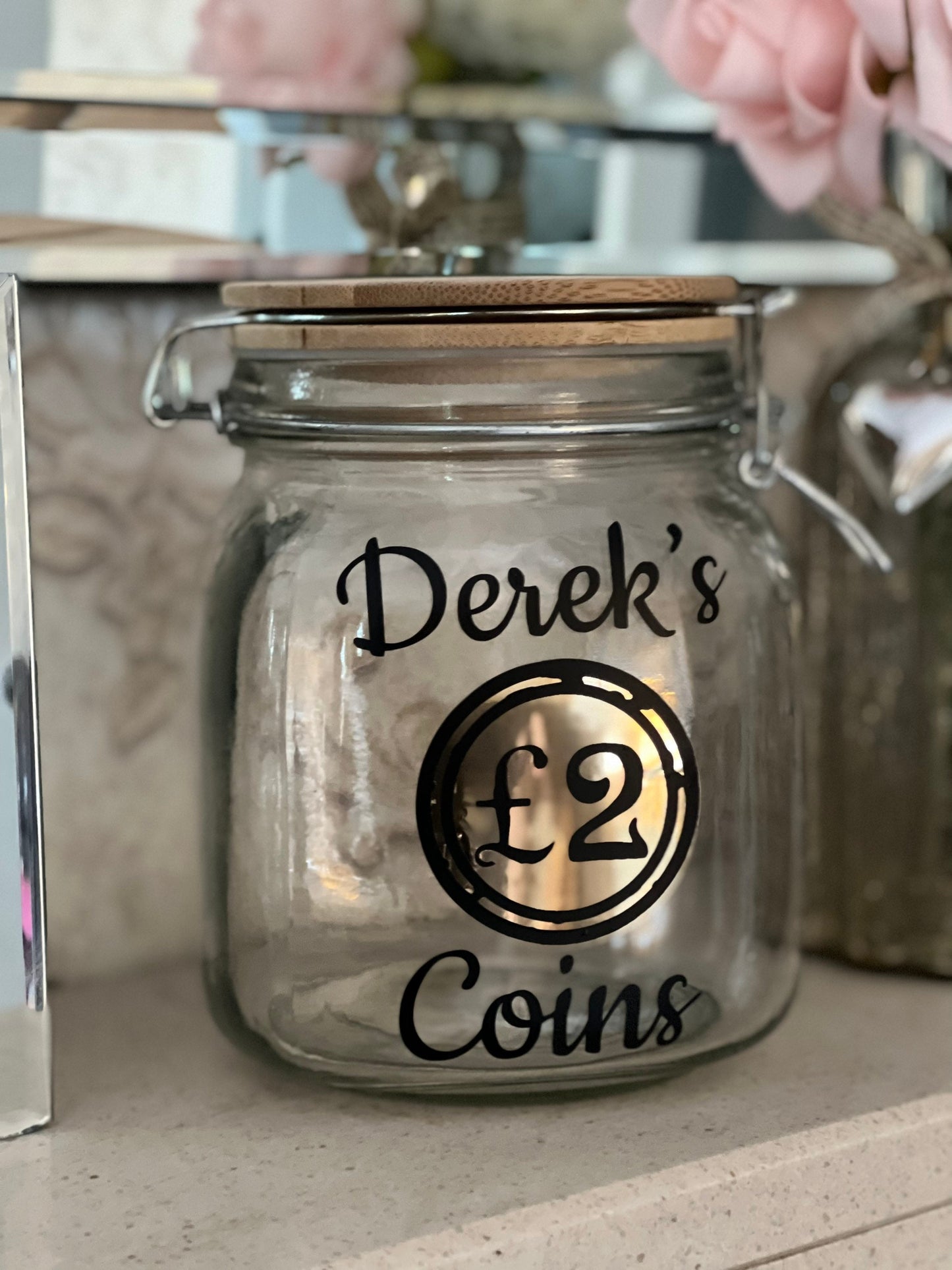 Personalised 1 or 2 pound coin jar,Money Box . Piggy bank with money slot. Can be any name and coin of your choice.savings jar