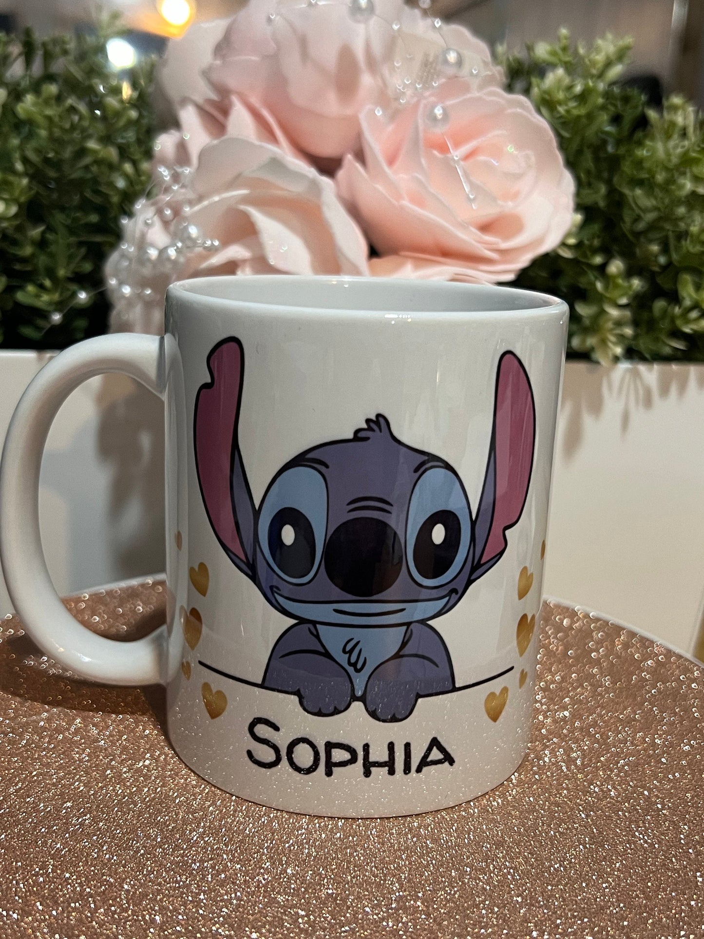 Personalised Stitch cup, mug. 11oz, with any name. Birthday or Easter gift. Choice of front pattern or both. Stitch mug.