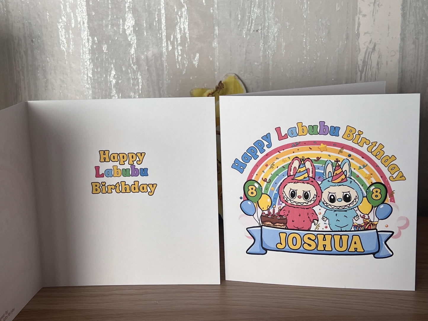 Labubu Birthday card personalised. 6x6 quality card . Perfect card for Labubu fan. can be custom made any words Pink or blue option