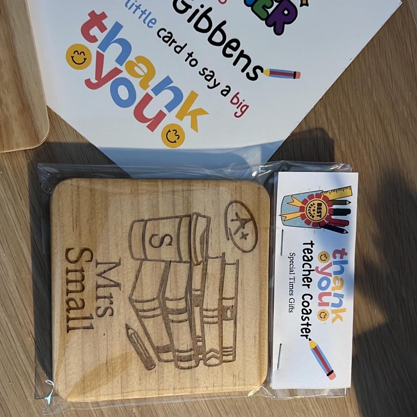 Teacher personalised gift. Engraved wooden coaster choice of designs. Gift sealed. End of school year gift. Thank you