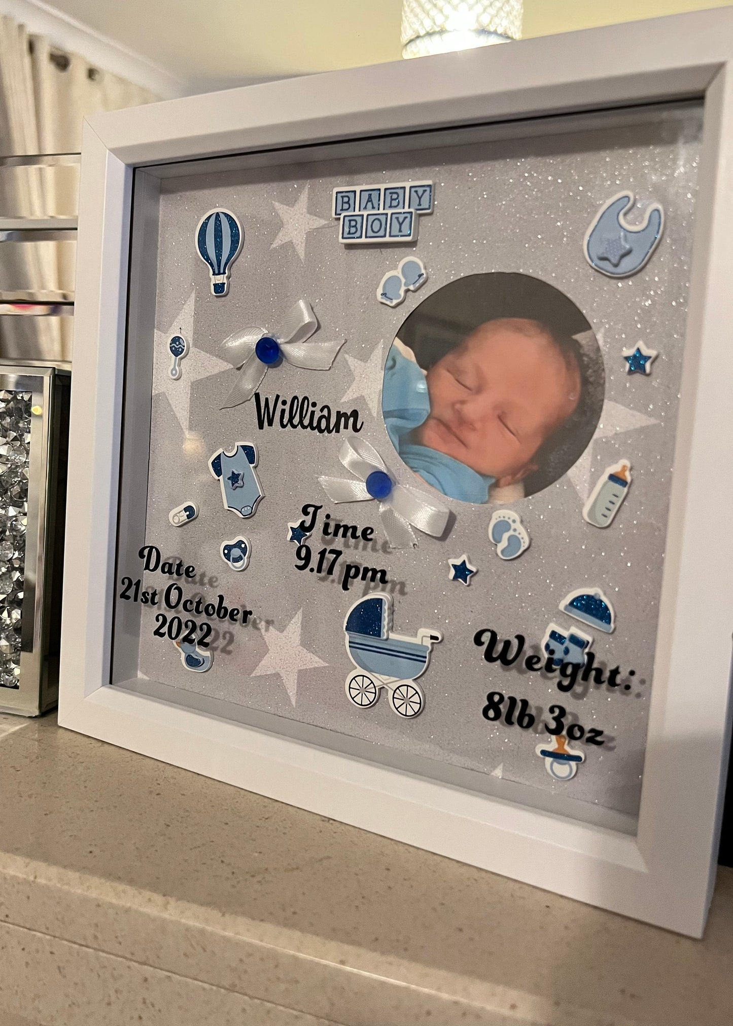 Personalised baby Boys birth memory box frame with photo. Christening gift,New baby gift. Nursery, Baby gift, baby birth details,Announcment