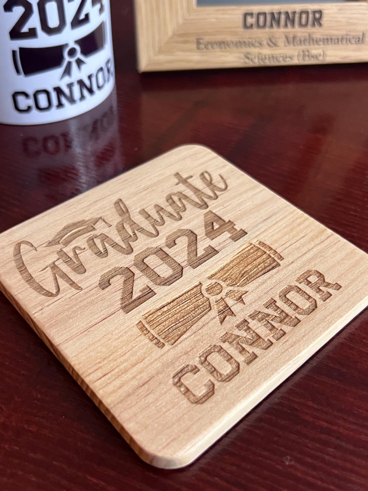 Graduation gift set. Engraved Frame, Coaster & Mug. Wonderful way to celebrate graduation. Keepsake.