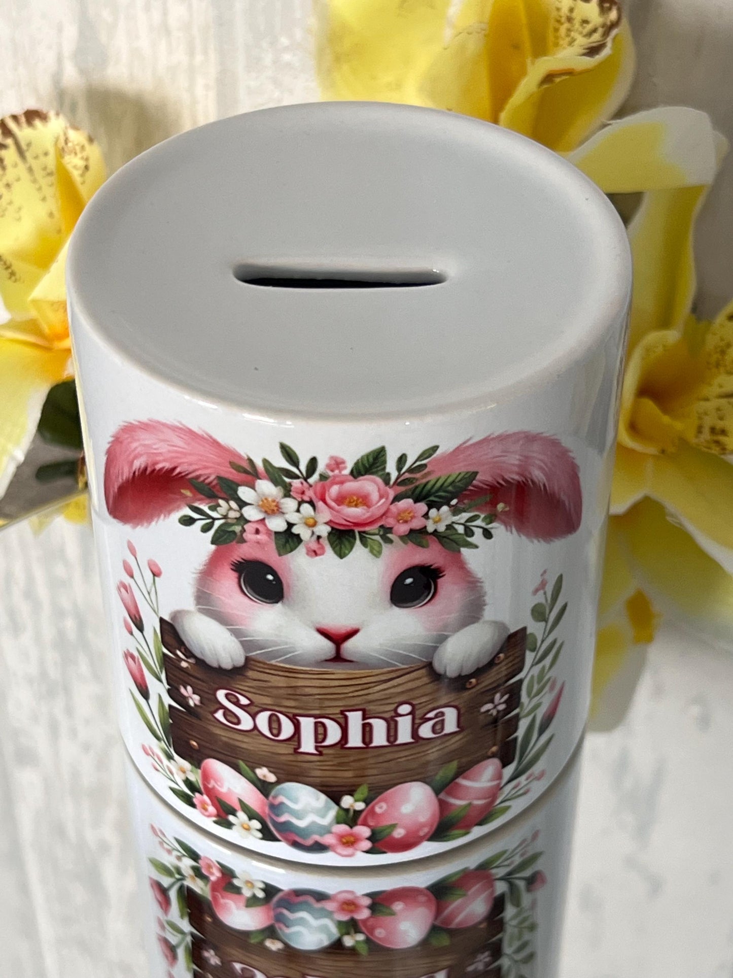 Easter bunny money box with name. cute gift for children at Easter to save pocket money. Easter money. personalised money box. Easter eggs