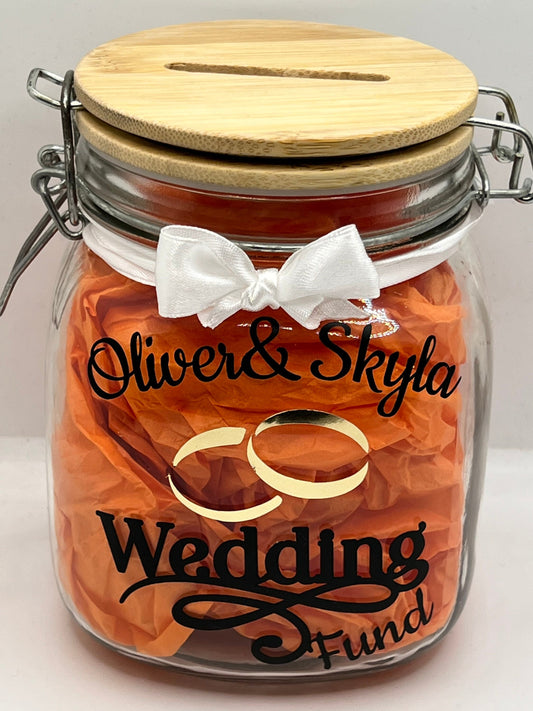 Personalised Wedding fund glass jar Money Box . Savings jar . Piggy bank with money slot.wedding rings