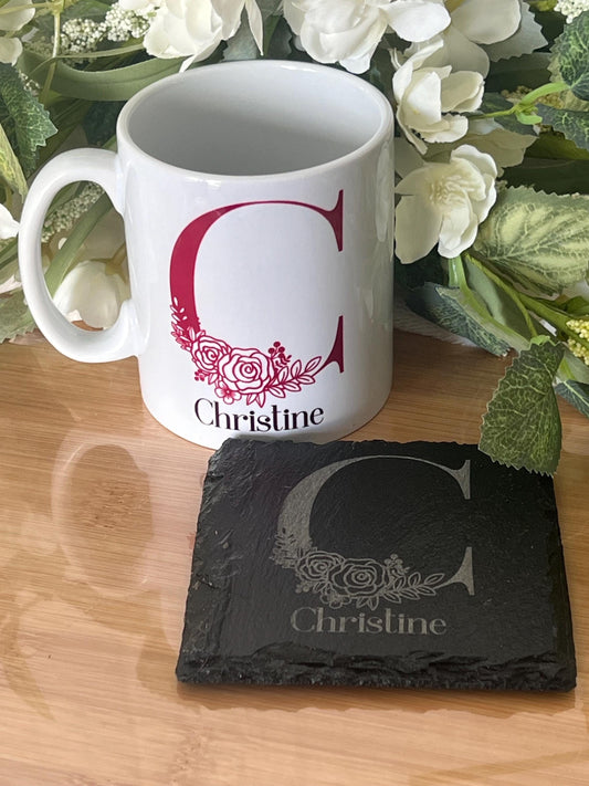 initial mug. Name mug. personalised mug 11oz with initial and name and your drink order on the back customised. ideal for office work mug.