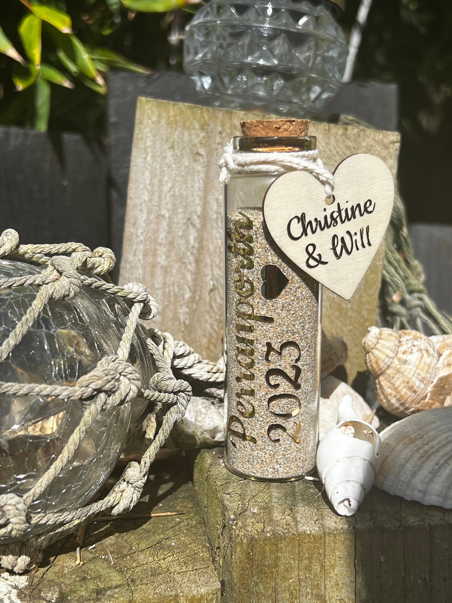 Personalised sand jar with cork stopper. Sand bottle. Wedding honeymoon special holiday etc. with wooden heart. Keepsake. Memories. 10.5cm