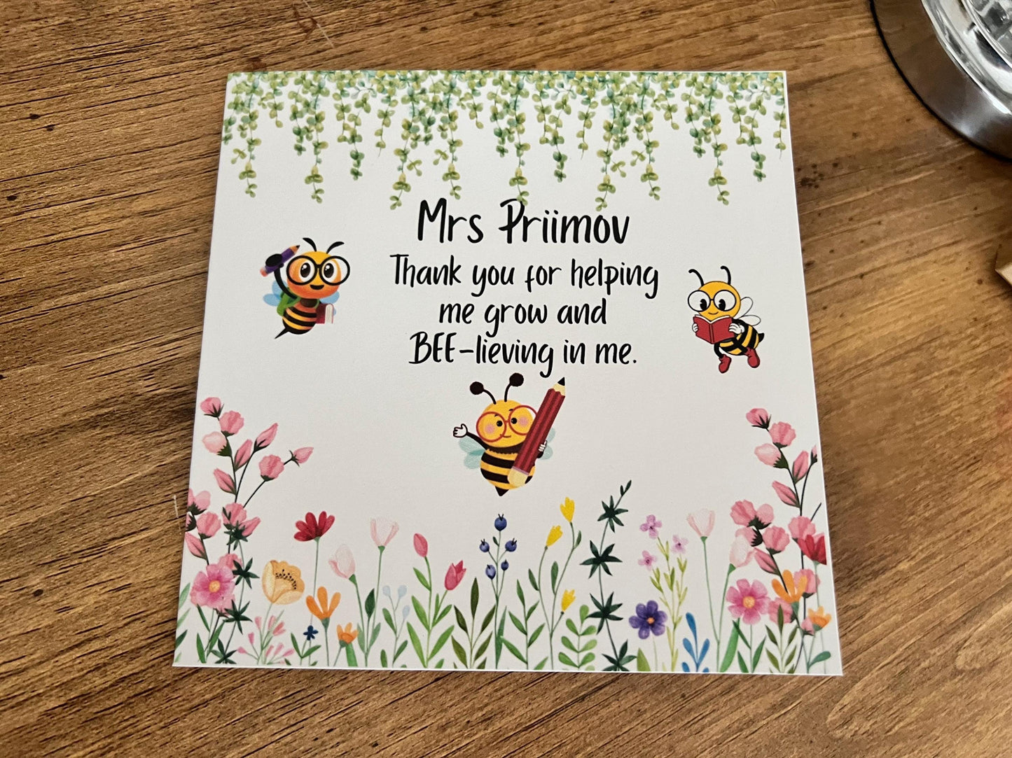 Teacher thank you card. Bee card. Garden Teacher end of year card. personalised with teachers name. 6x6 inch quality card and white envelope
