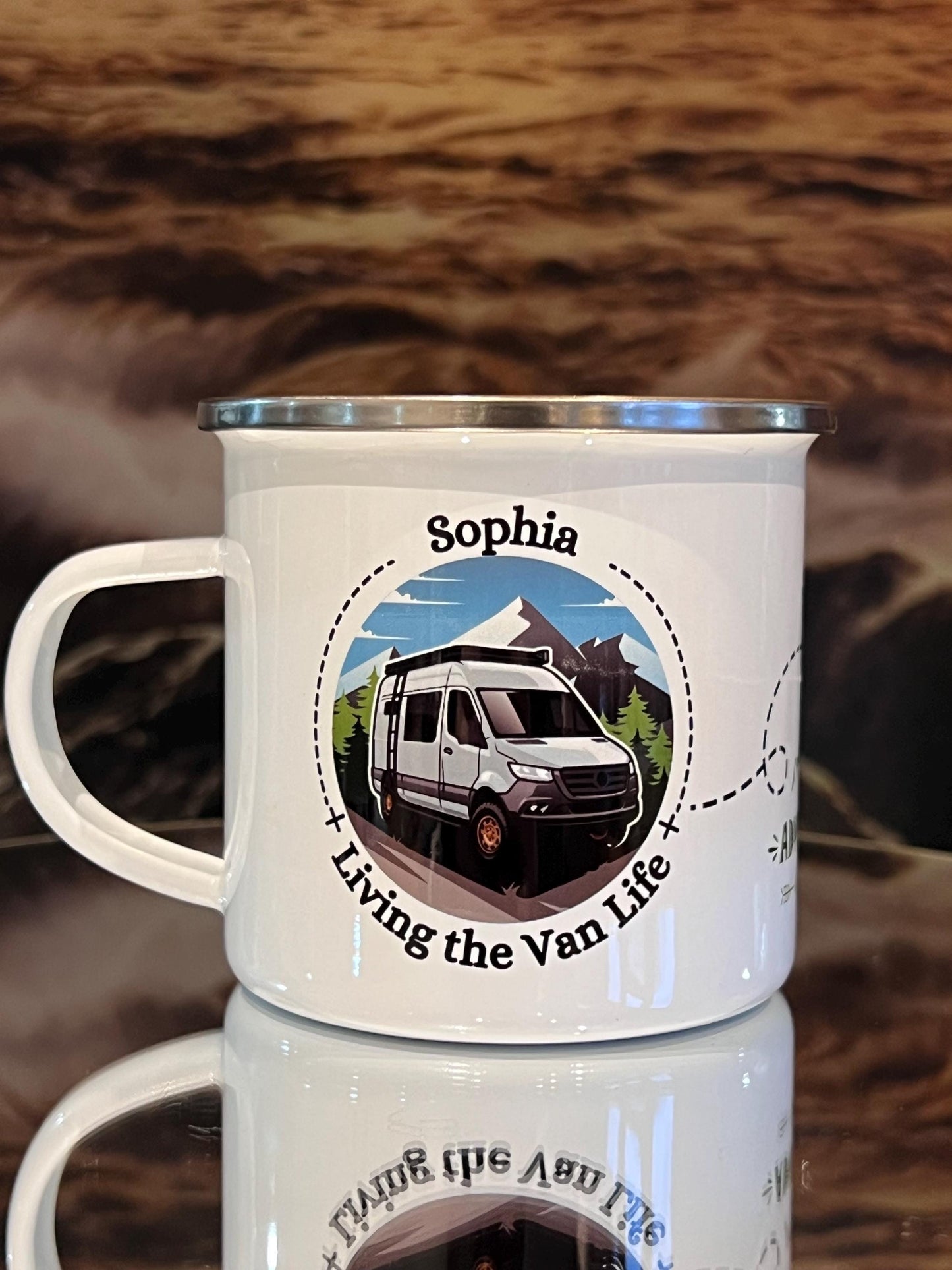 Van life Personalised enamel mug with name. The adventure begins. Compass. Great mug for camper van. Metal mug. Camping Mug