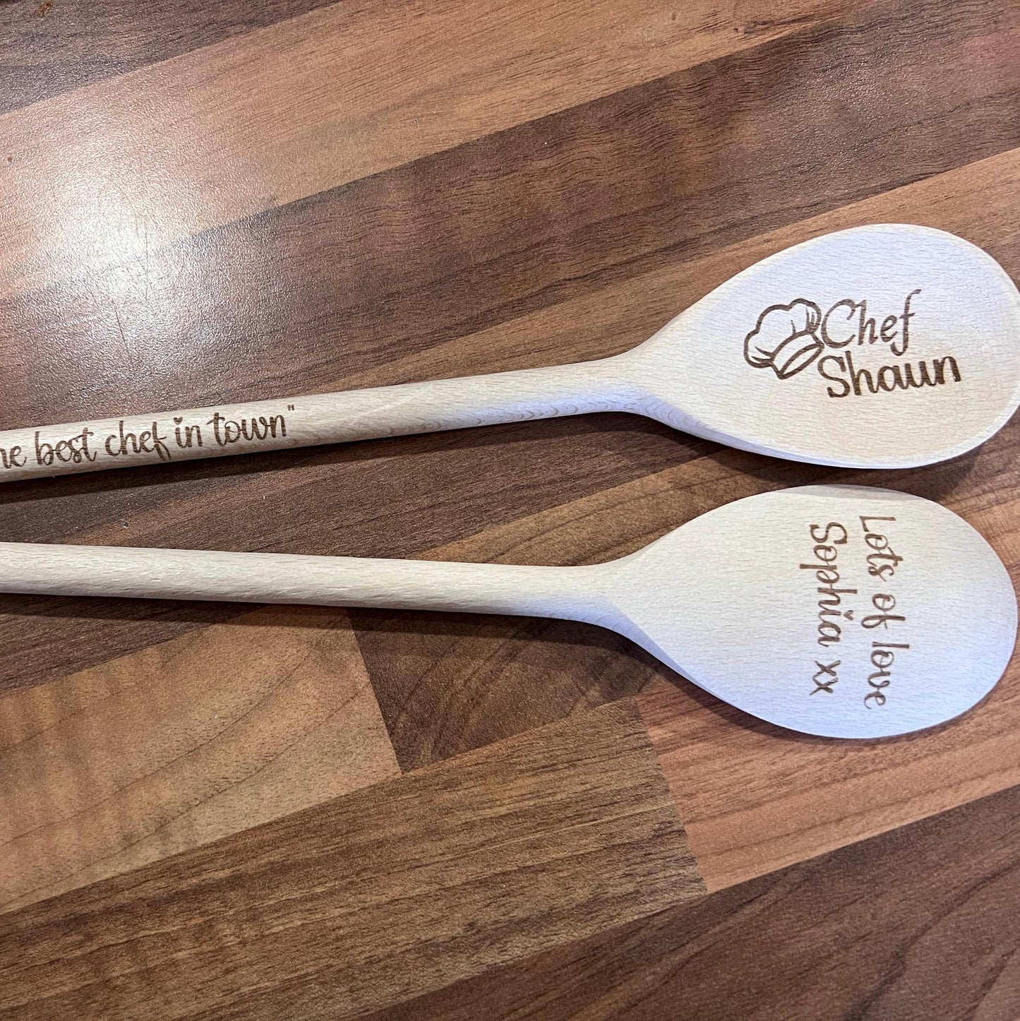 Personalised engraved wooden spoon. Great gift for that special chef or baker. Laser Engraved both sides with message.