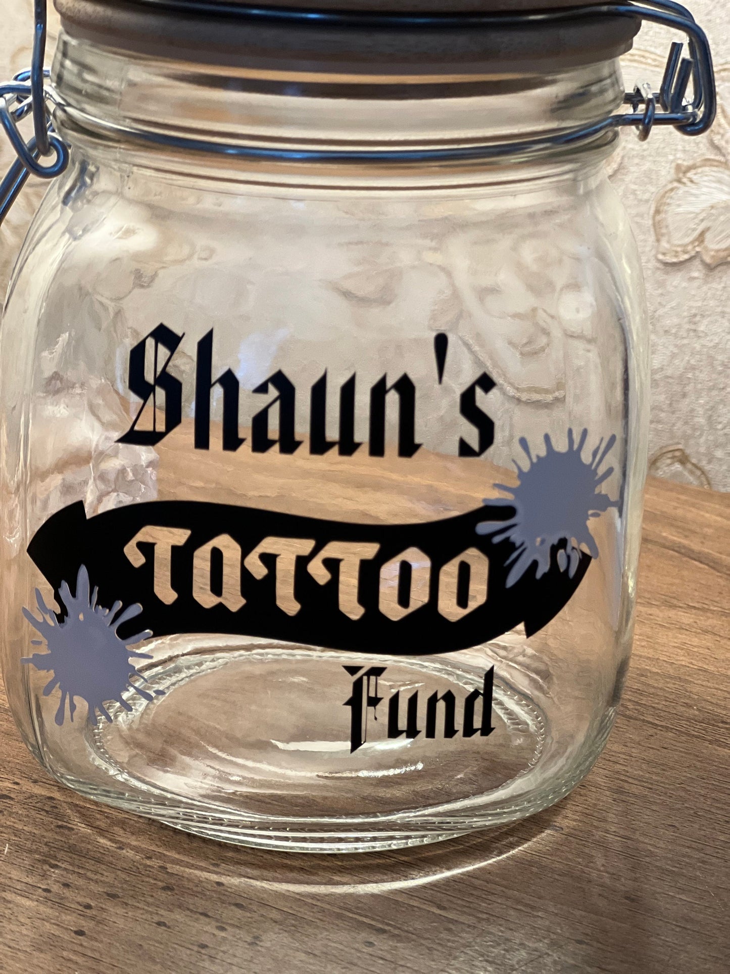 Personalised Tattoo glass money jar. Savings jar. 2 sizes ….Money jar, coins and notes.