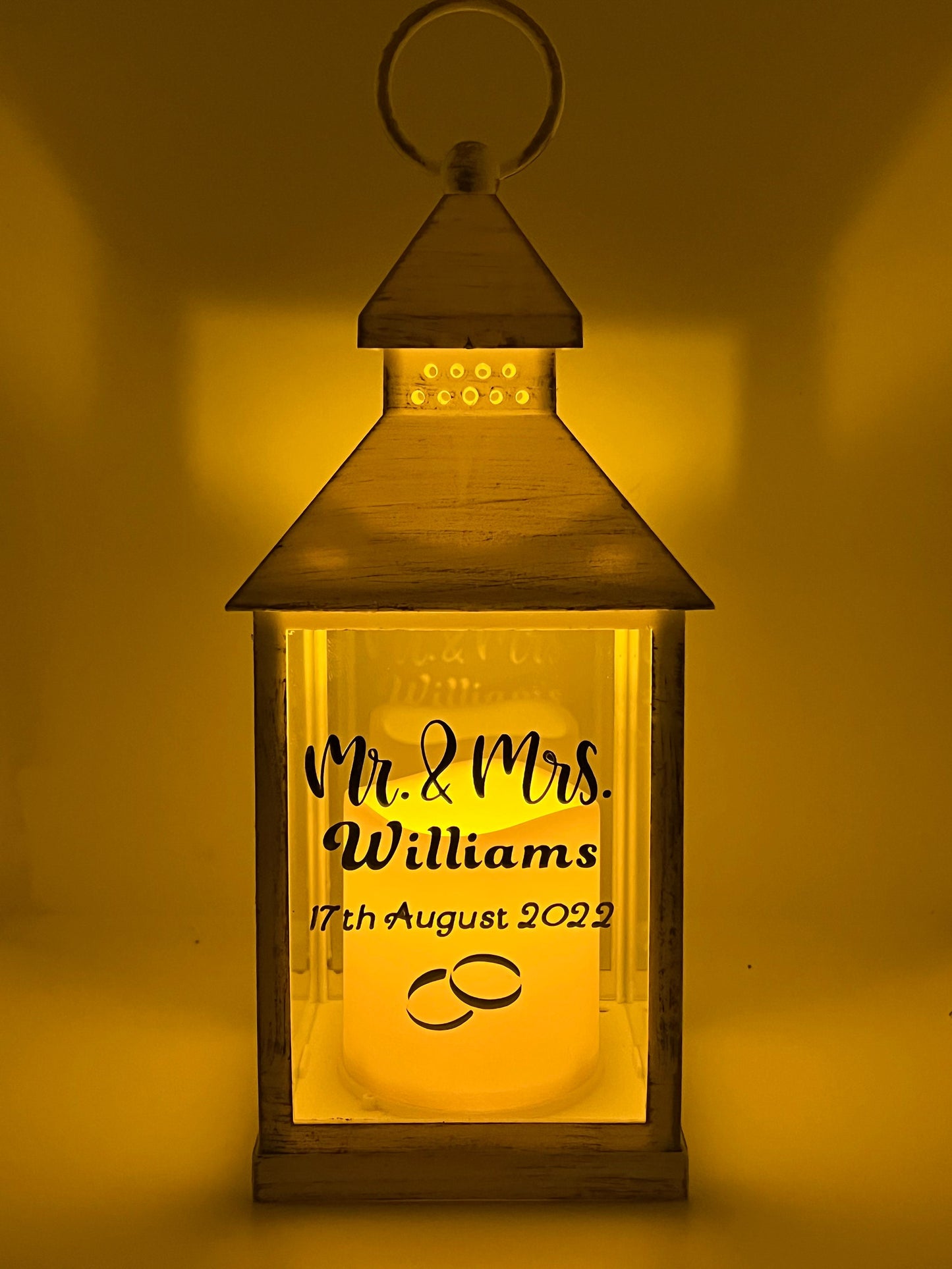 Personalised Wedding lantern. , Anniversary, led candle. Brushed gold. Wedding gift. Keep sake. Name and dates or any personalised words