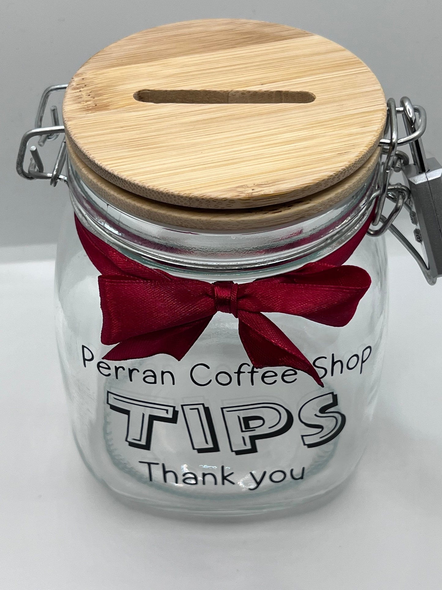 Personalised Tips glass jar Money Box . Savings jar . Business tips jar , hairdressers, cafes, etc. Money jar, coins and notes. 2 sizes…