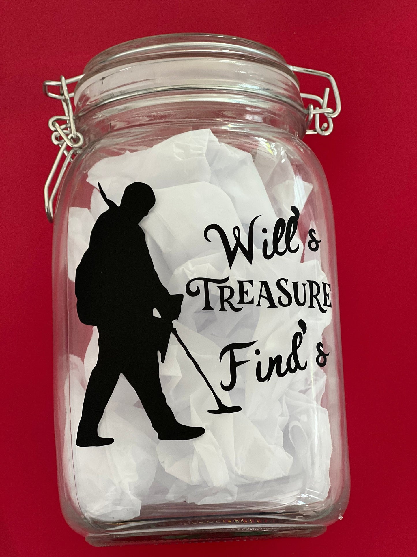 Personalised Metal detector Treasure finds jar. Detector gift, Storage Jar. Great way to store those finds. Male or female detector image.
