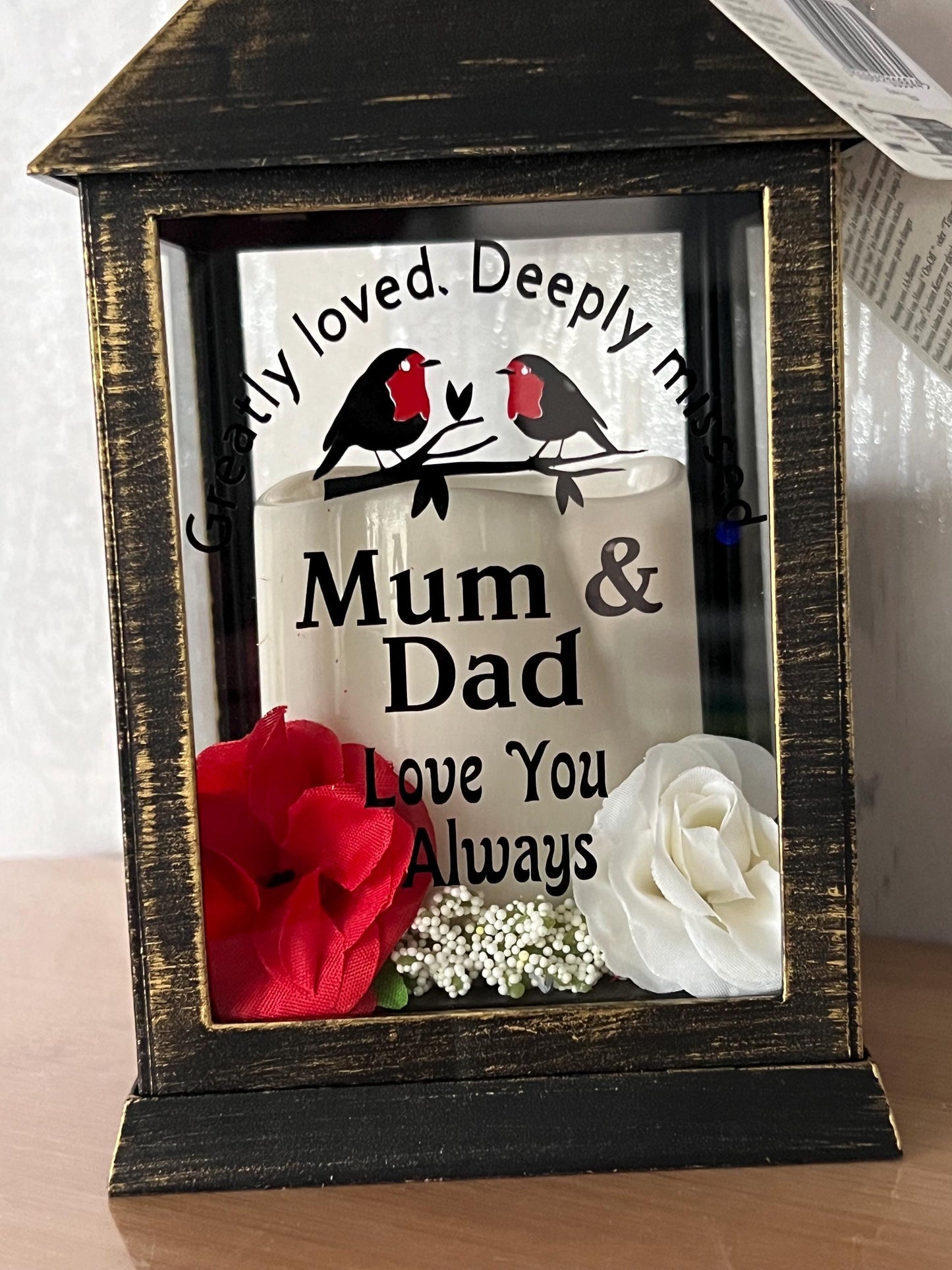 Personalised Memorial Lantern choice of flower colour, Mum, Dad, Nan, Grandad Wife , husband etc. Graveside ,Home. Auto candle two robins