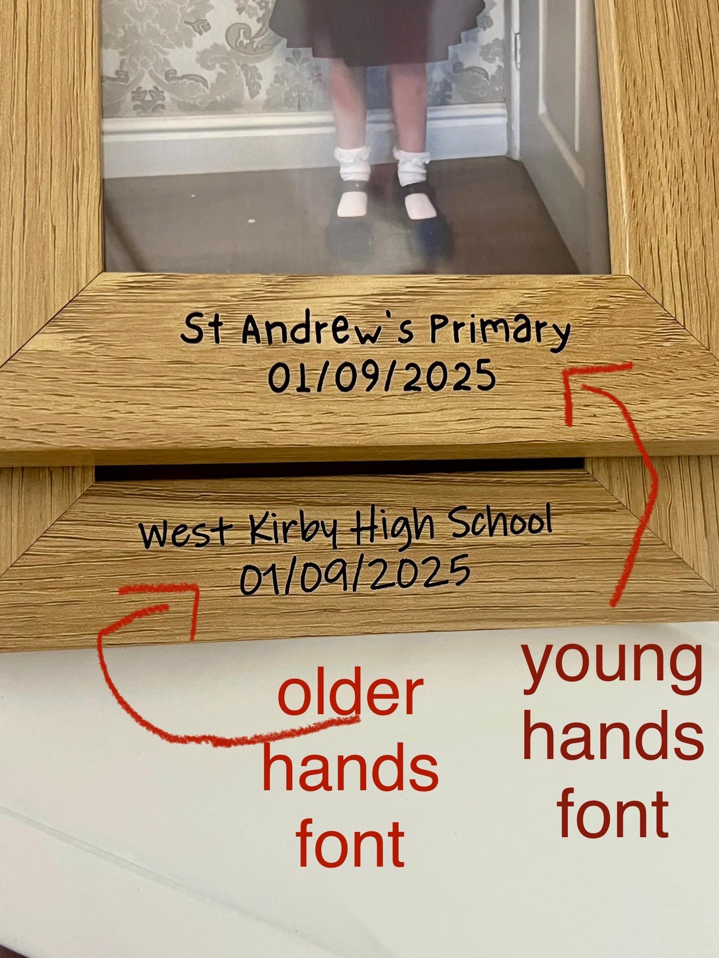 1st day of school photo frame. School photo. Personalised lovely oak effect engraved photo frame holds 6x4 photo. Any words.