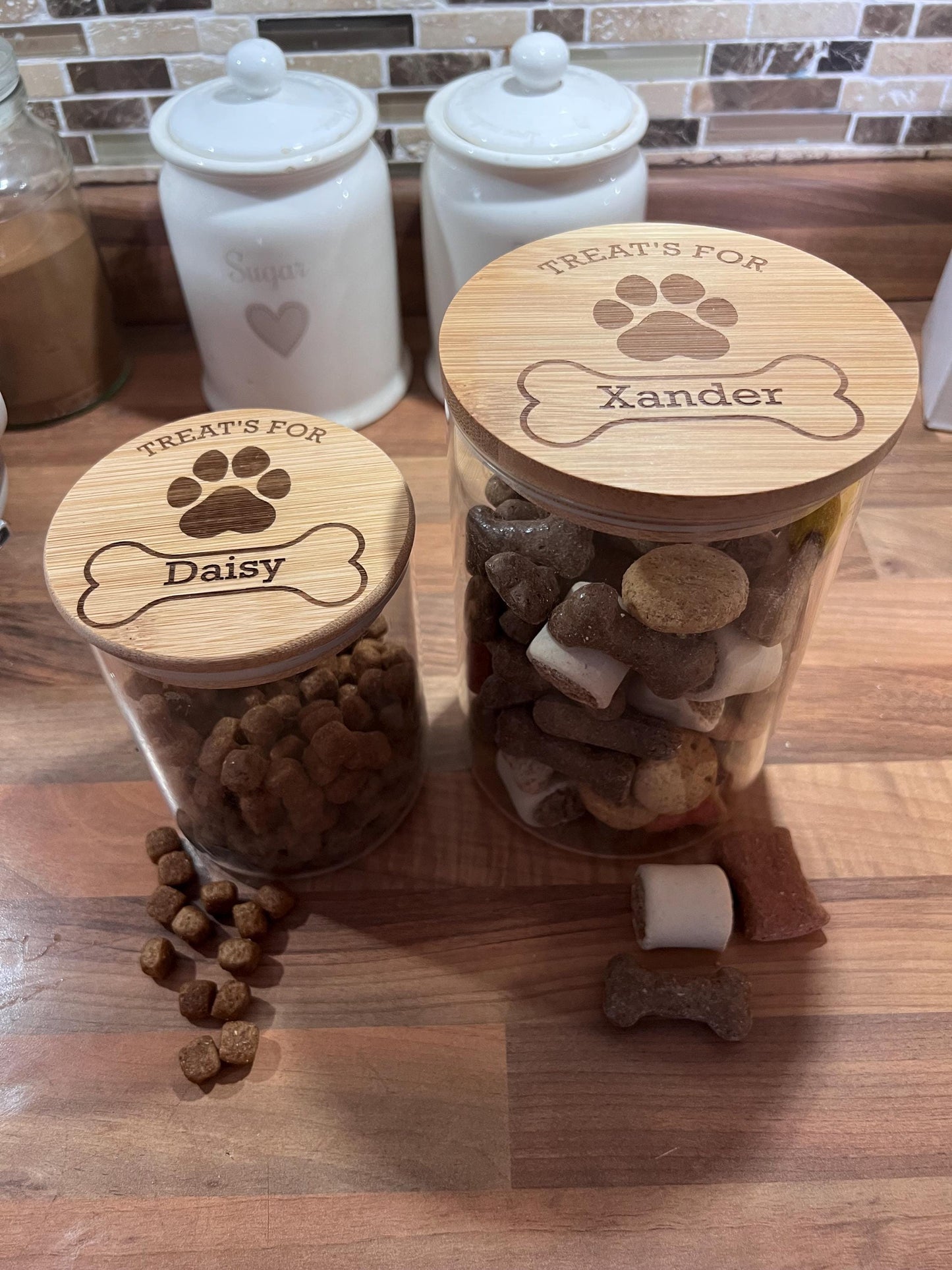 Dog treats jar personalised with name. engraved. pet treats storage jar, can be custom made to any words 2 sizes . Airtight bamboo lid.