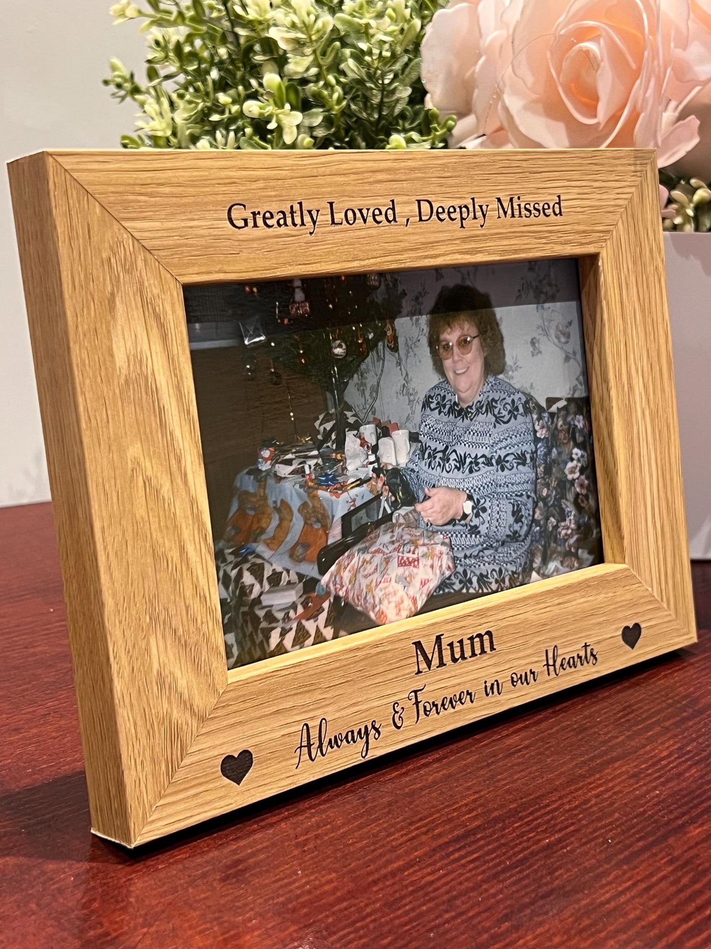 Personalised memorial photo frame. Engraved Mum , Dad, ANY Name or Words …holds 6x4 photo of your loved one. Oak effect.