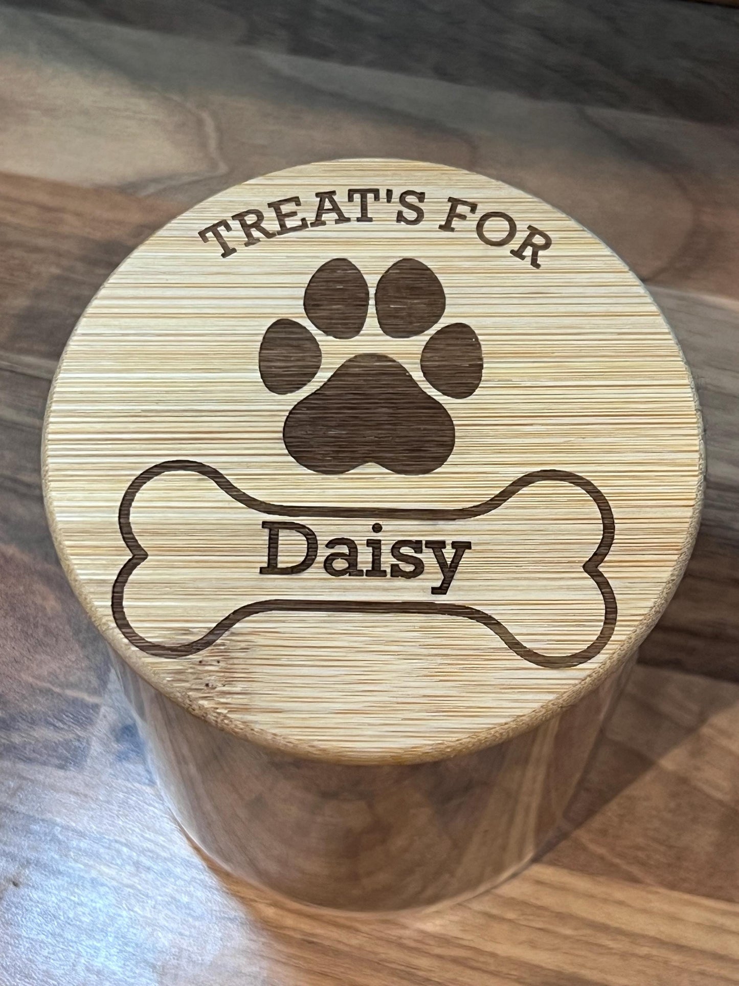 Dog treats jar personalised with name. engraved. pet treats storage jar, can be custom made to any words 2 sizes . Airtight bamboo lid.