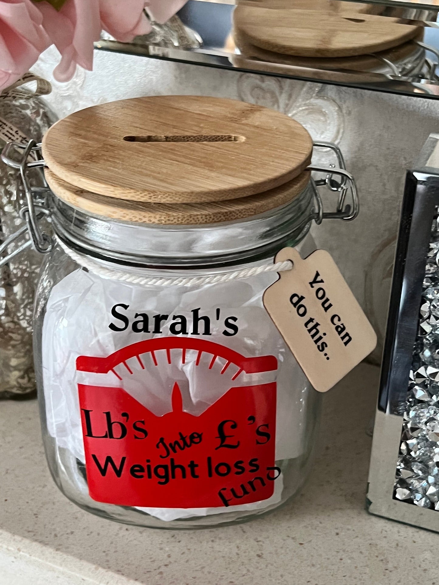 Personalised weight loss money jar. Lbs into pounds , diet jar. Money box.