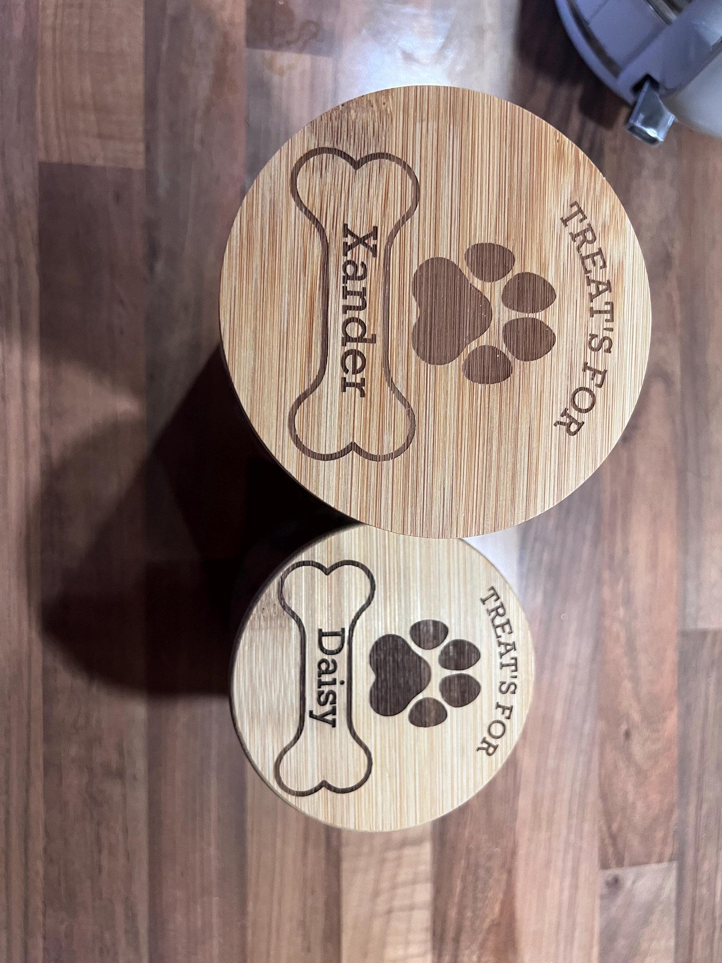 Dog treats jar personalised with name. engraved. pet treats storage jar, can be custom made to any words 2 sizes . Airtight bamboo lid.