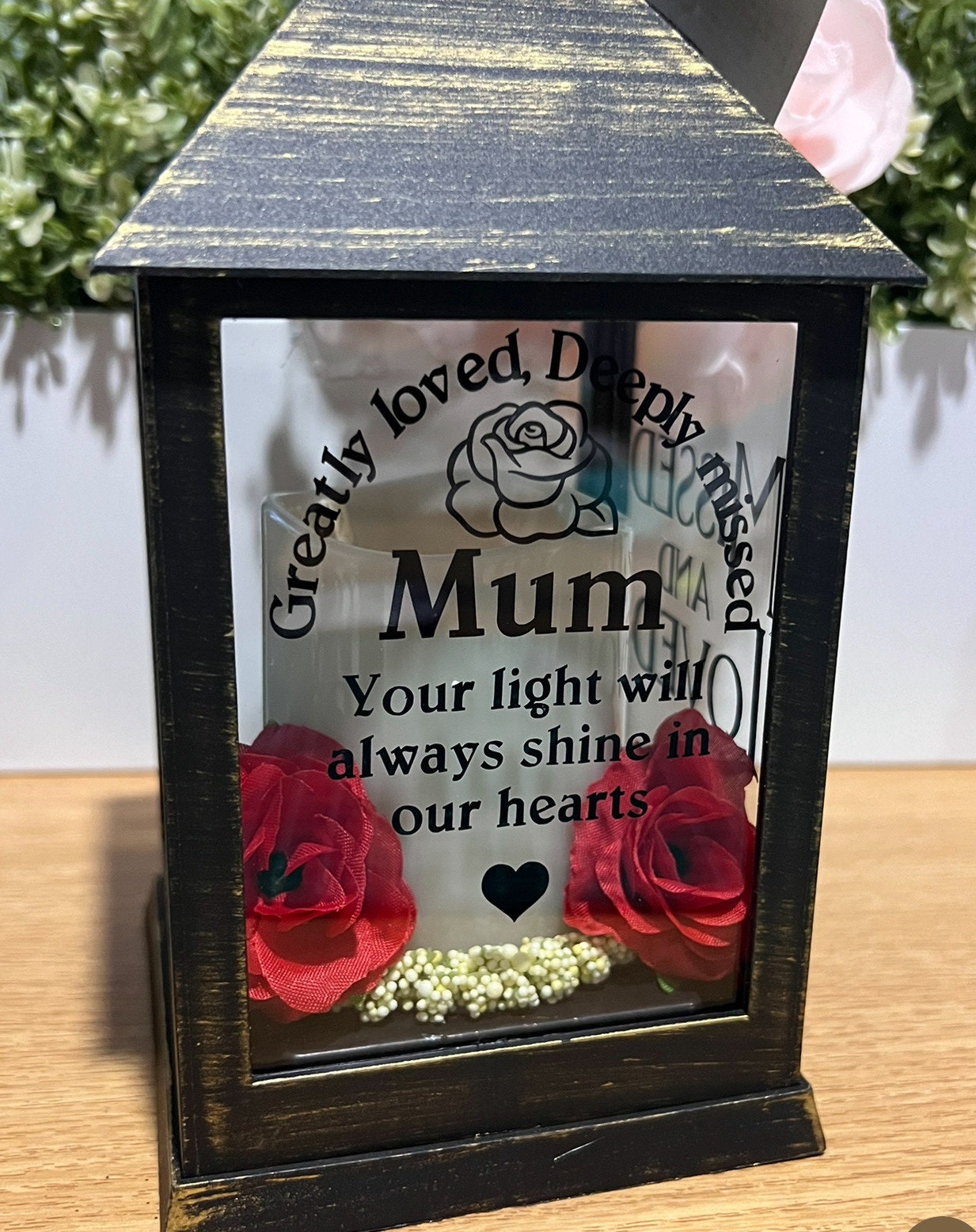 Personalised Memorial Lantern choice of flower colour, Mum, Dad, Nan, Grandad Wife , husband etc. Graveside ,Home. Auto candle custom order