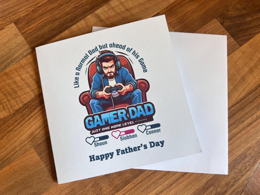Father’s Day Card. 6x6 inch white card. Gaming dad with children’s names. personalised. great card for the Gamer dad out there. Birthday.