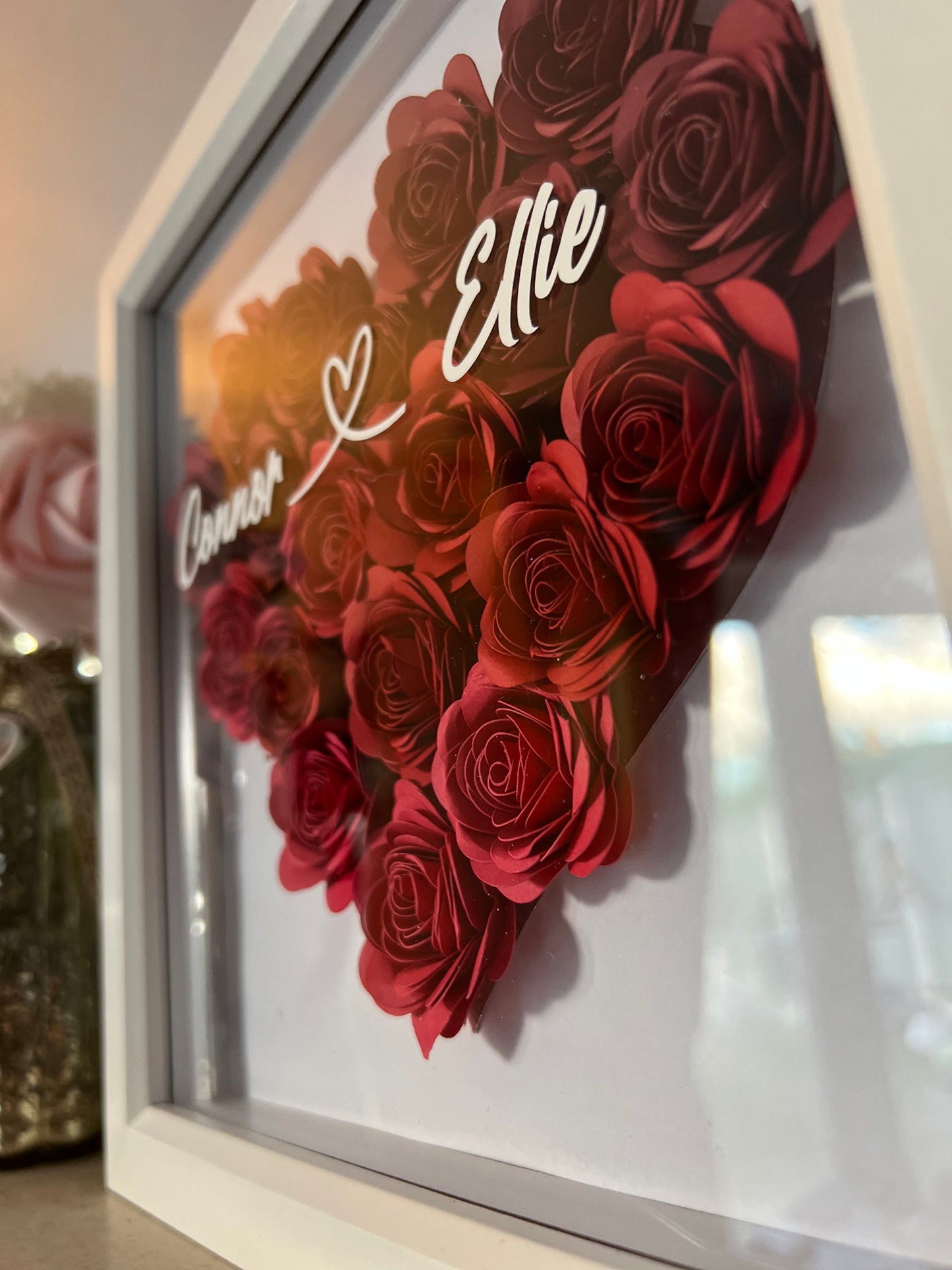 Shadow box heart, 3D rolled paper flowers personalised handmade roses, heart, Flower box Valentines, love, Anniversary,