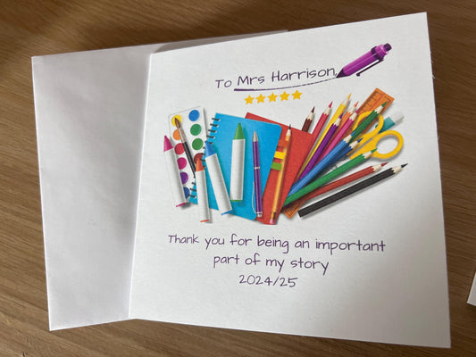 Teacher thank you card. Teacher end of year card. personalised with teachers name. 6x6 inch quality card and white envelope