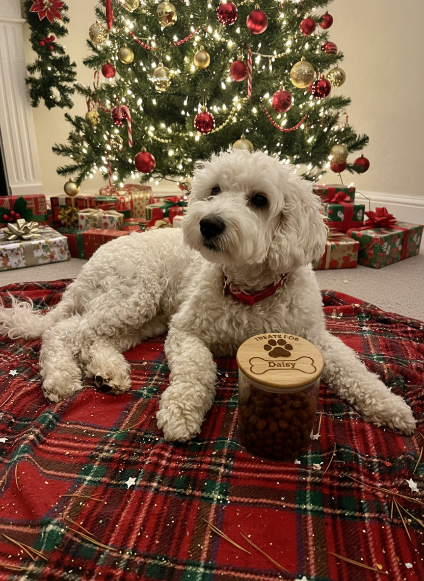 Dog treats jar personalised with name. engraved. pet treats storage jar, can be custom made to any words 1litre. Airtight bamboo lid.