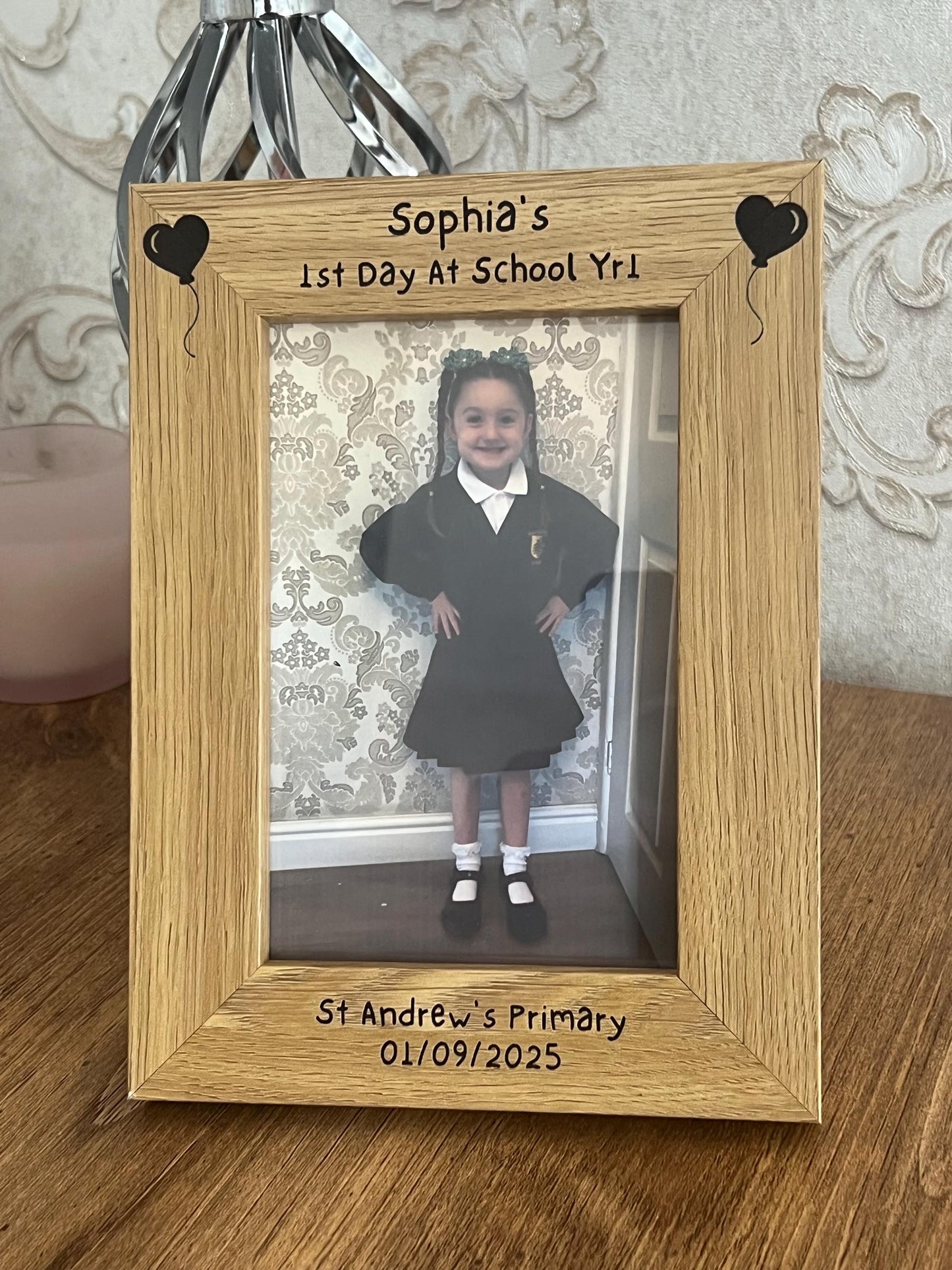 1st day of school photo frame. School photo. Personalised lovely oak effect engraved photo frame holds 6x4 photo. Any words.